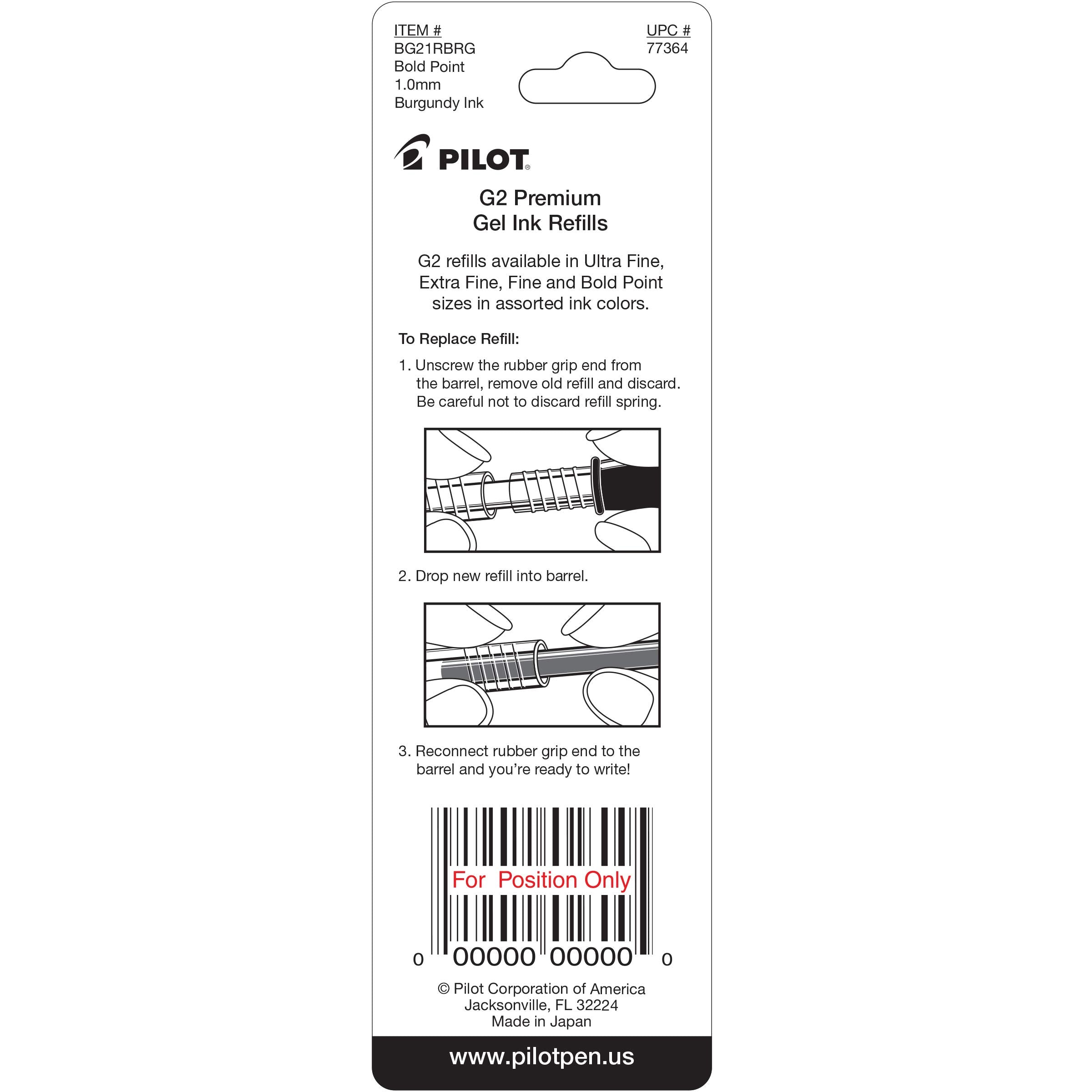 Pilot, G2 Gel Ink Refills, Bold Point 1 mm, Burgundy, Pack of 2