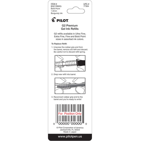 Pilot, G2 Gel Ink Refills, Bold Point 1 mm, Burgundy, Pack of 2