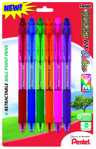 Pentel R.S.V.P. RT Colors New Retractable Ballpoint Pen, Medium Line, Assorted Ink Colors, 6 Pack (BK93CRBP6M)