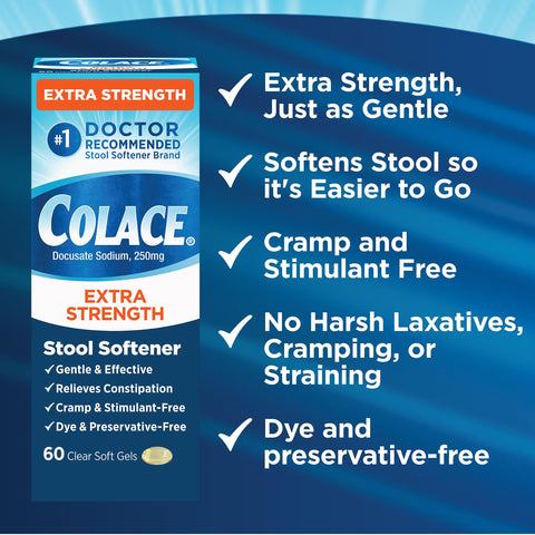 Colace Extra Strength Stool Softener, 60 Count, Gentle Constipation Relief for Adults, 250 mg Docusate Capsules, #1 Doctor Recommended Stool Softener Brand