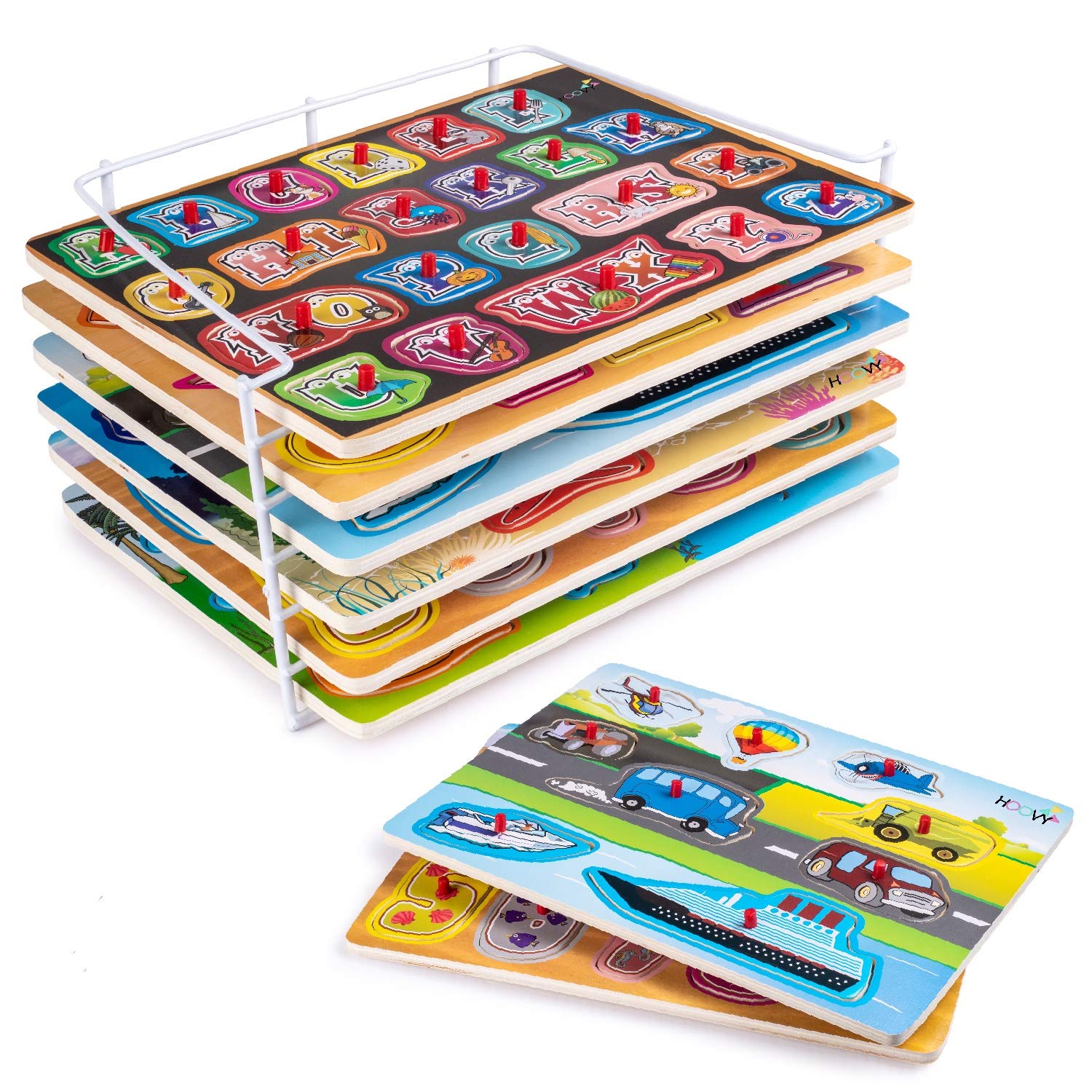 Baby Peg Puzzle 3-in-1 Set - 3 Different Themed Educational Knob Puzzles for Boy & Girl Toddlers Plus: Storage Rack (6 Board Puzzles)