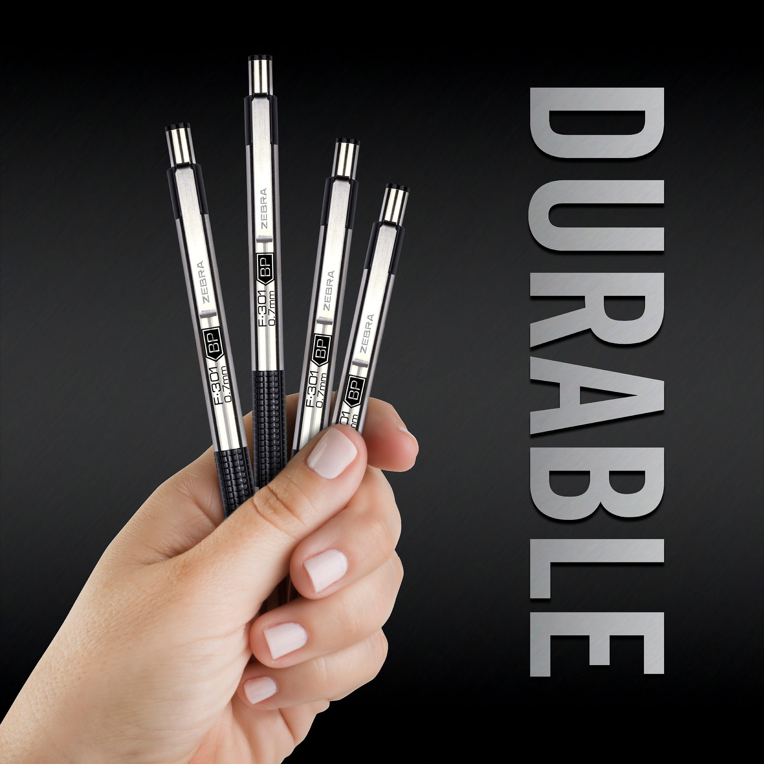 Zebra Pen F-301 Ballpoint Black Ink Fine Point 0.7mm Pen, Easy-Glide Ink, Stainless Steel Retractable, Non-Slip Grip, Professional Design, Ideal for Office, Journal and Planner Use, 4-Pack (27114)