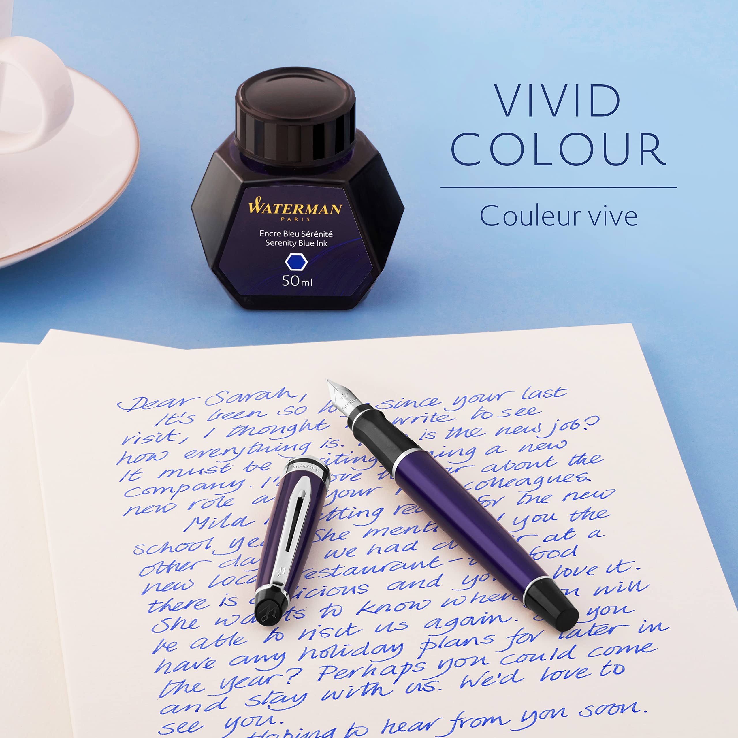 Waterman Fountain Pen Ink, Serenity Blue Ink, 50ml Bottle, For Refillable Fountain Pens