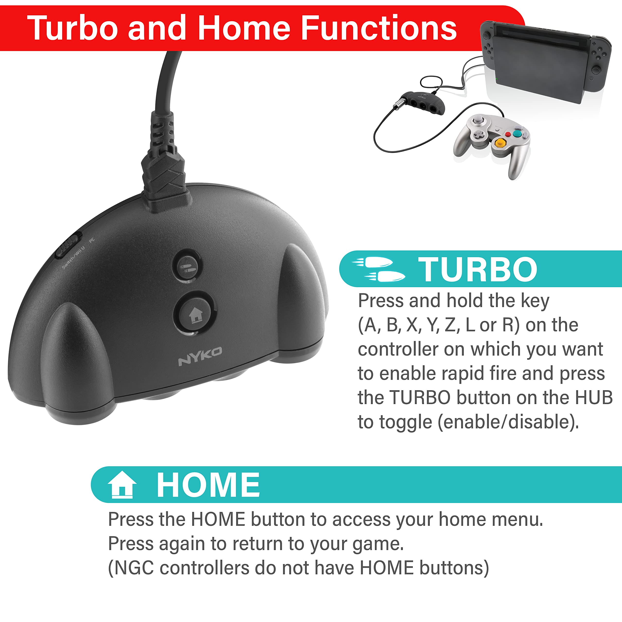 Nyko Retro Controller Hub Plus – 4 Port Gamecube Controller Adapter with Turbo and Home Button for Nintendo Switch (87274)
