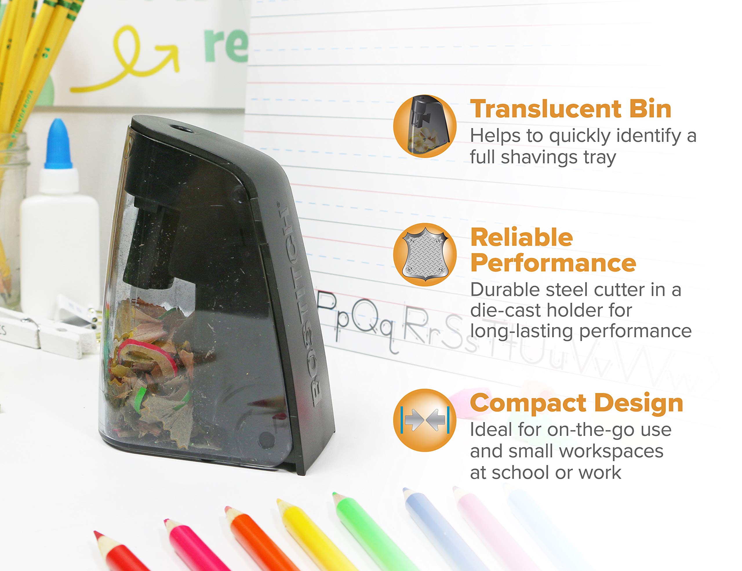Bostitch Office Battery Pencil Sharpener, Hinged Tray, Colored Pencil Compatible, Black