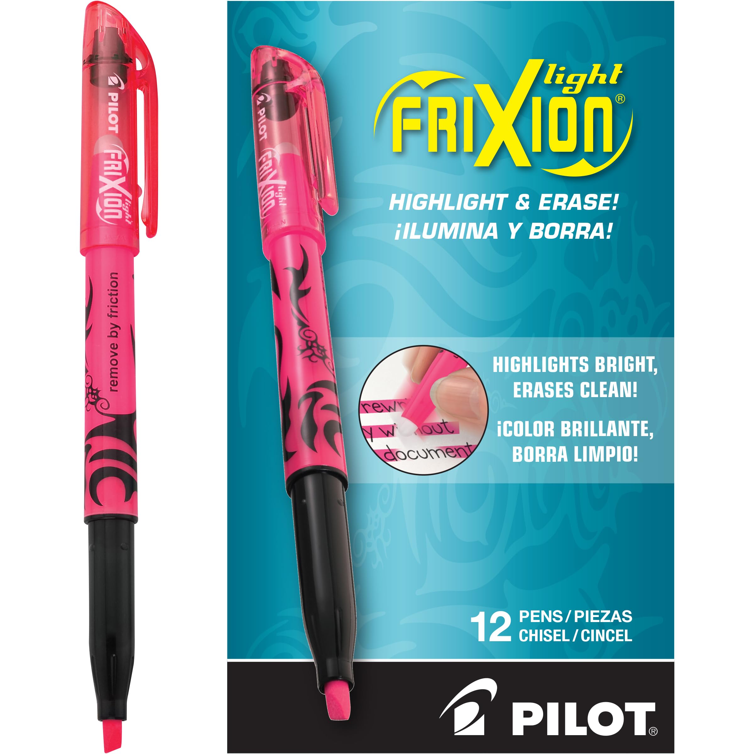 Pilot FriXion Light Pastel Erasable Highlighters, Chisel Tip, Pack of 12, Pink Aesthetic Highlighters - Ideal for School, Journaling, and Office Use