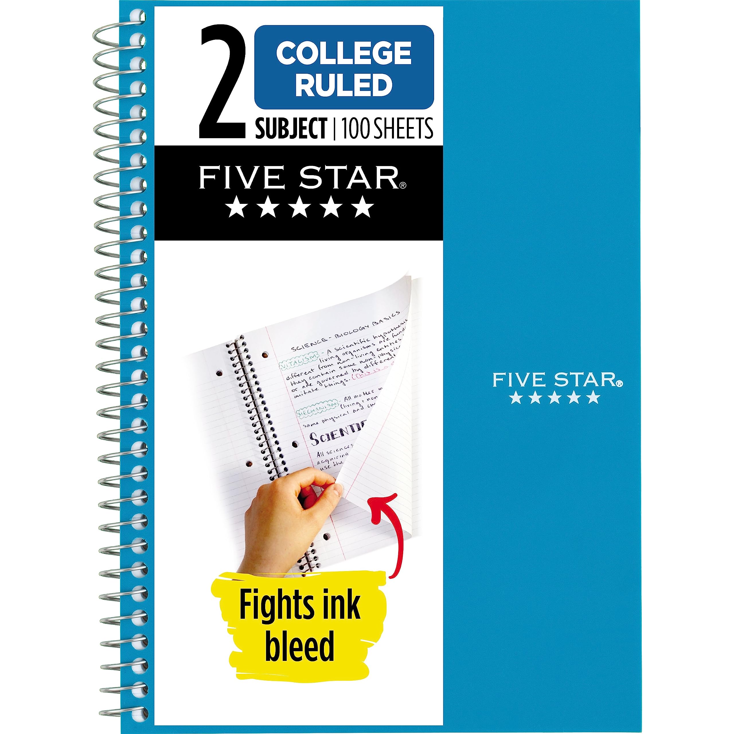 Five Star Small Spiral Notebook, 2 Subject, College Ruled Paper, 9-1/2" x 6", 100 Sheets, Teal Blue (06180AA4)
