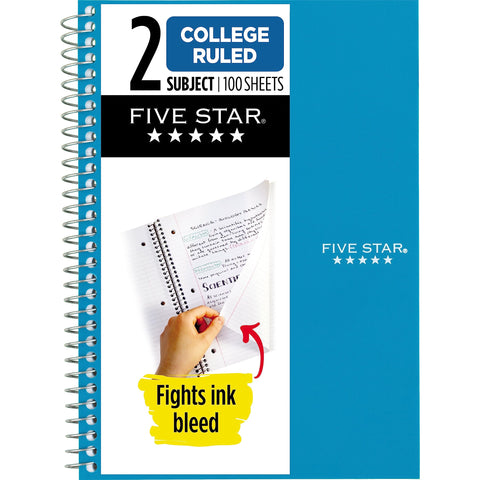 Five Star Small Spiral Notebook, 2 Subject, College Ruled Paper, 9-1/2" x 6", 100 Sheets, Teal Blue (06180AA4)