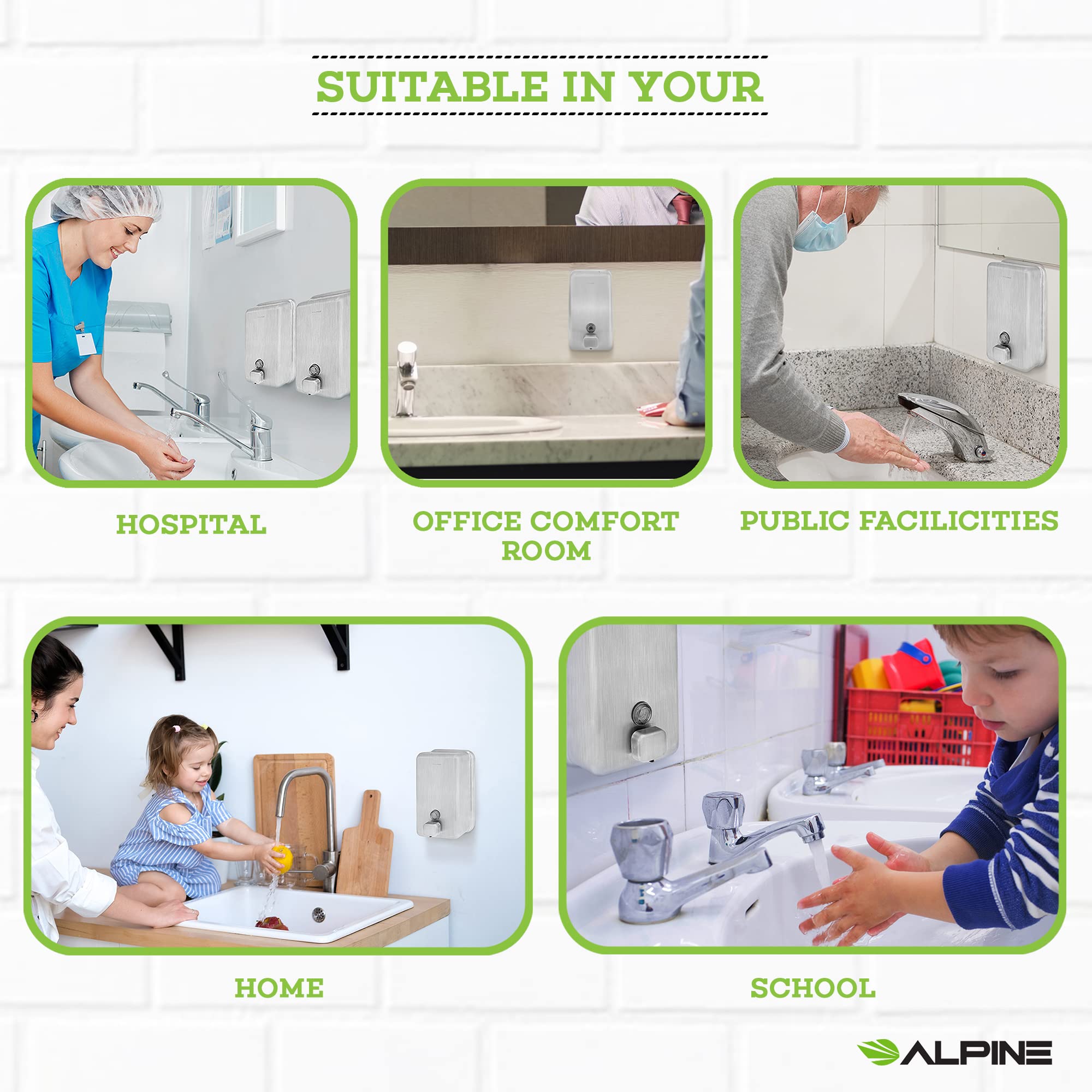 Alpine Industries Manual Stainless Steel Liquid Soap Dispenser, Vertical – 40oz Capacity - Rust Proof Wall Mounted Commercial Handsoap Holder for Office Home & Hotel