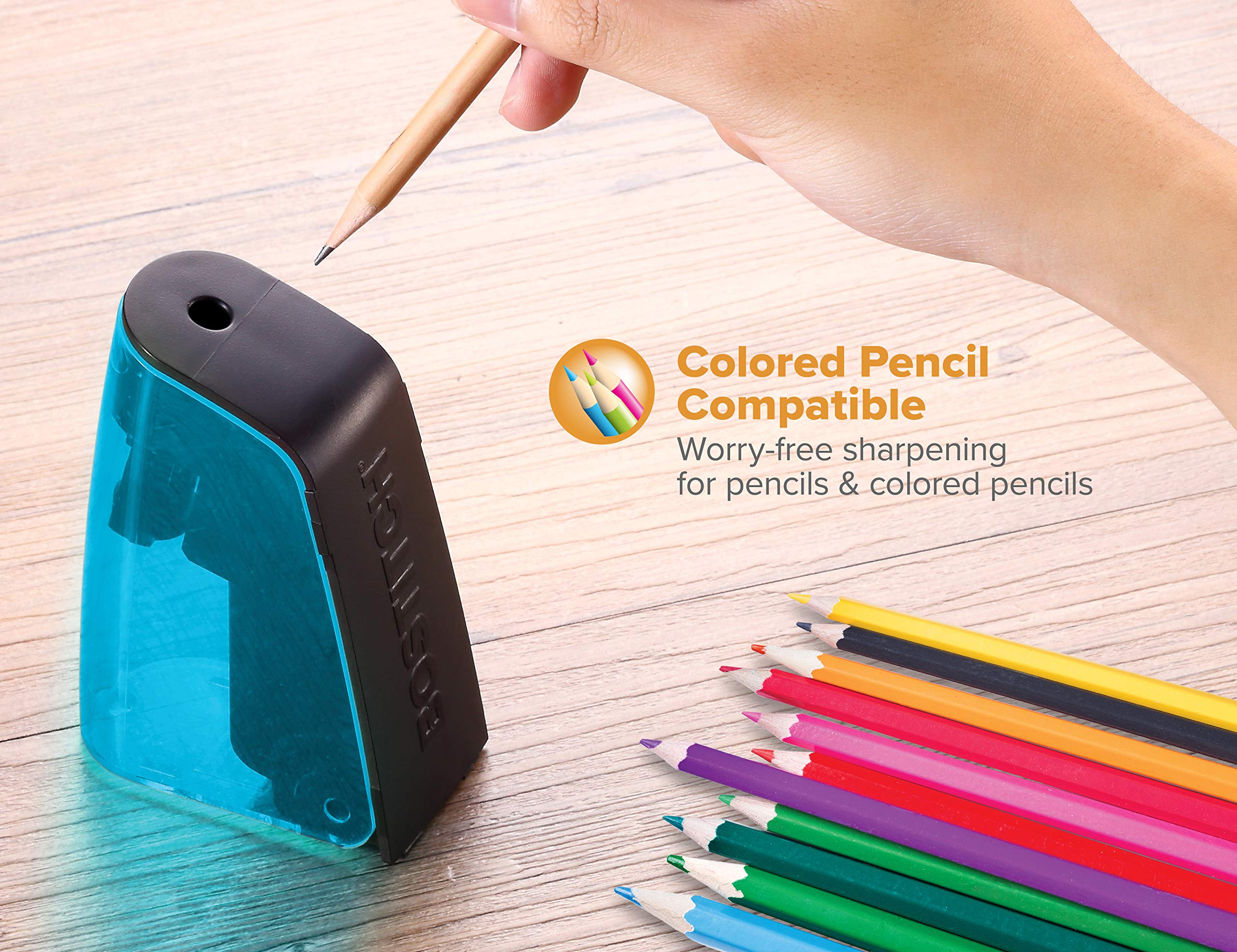 Bostitch Office Battery Pencil Sharpener, Hinged Tray, Colored Pencil Compatible, Blue (BPS2-BLUE) (BPS2-BLK)