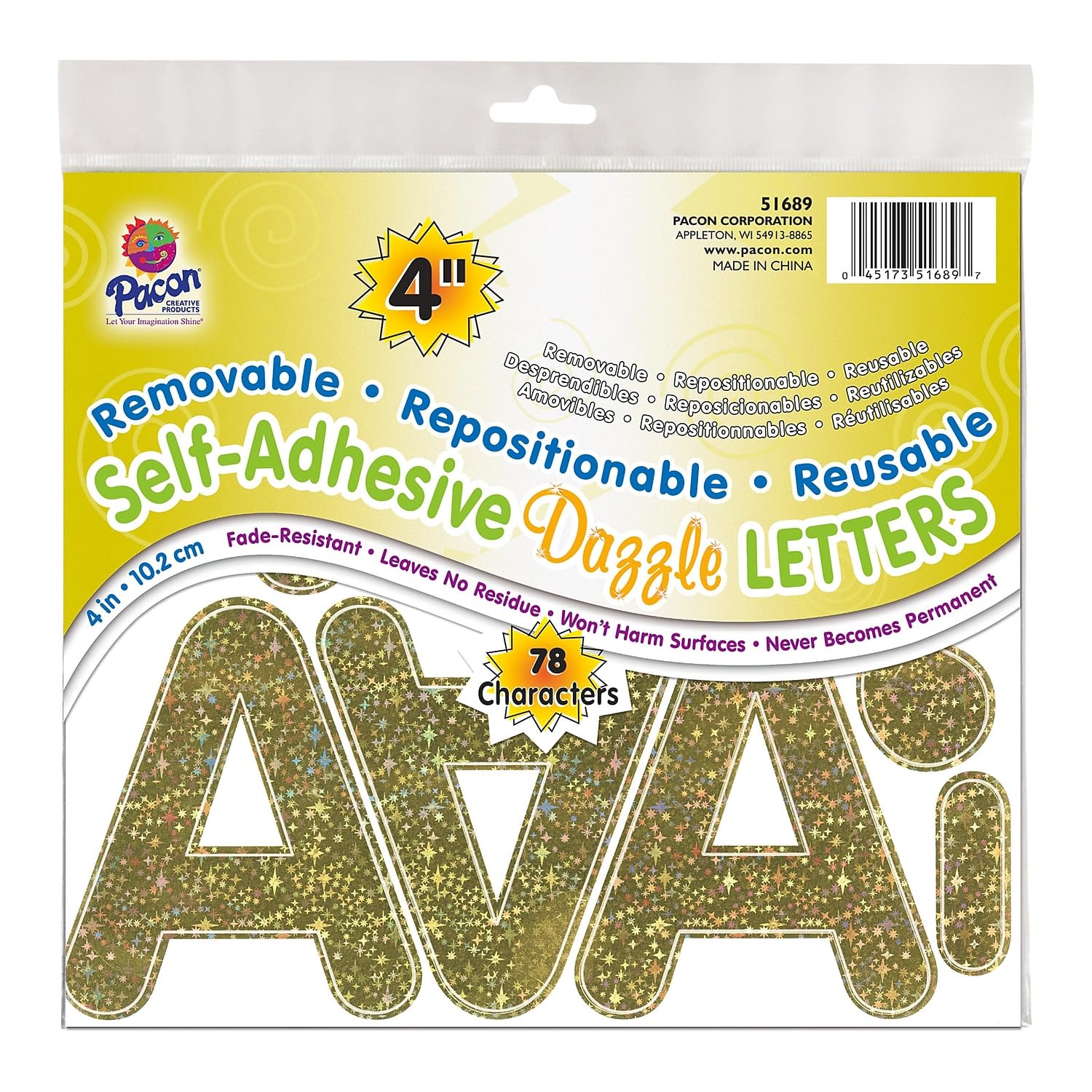 Pacon 4-inch Self-Adhesive Puffy Font Letters, Gold Dazzle, 78 Characters (PAC51689)
