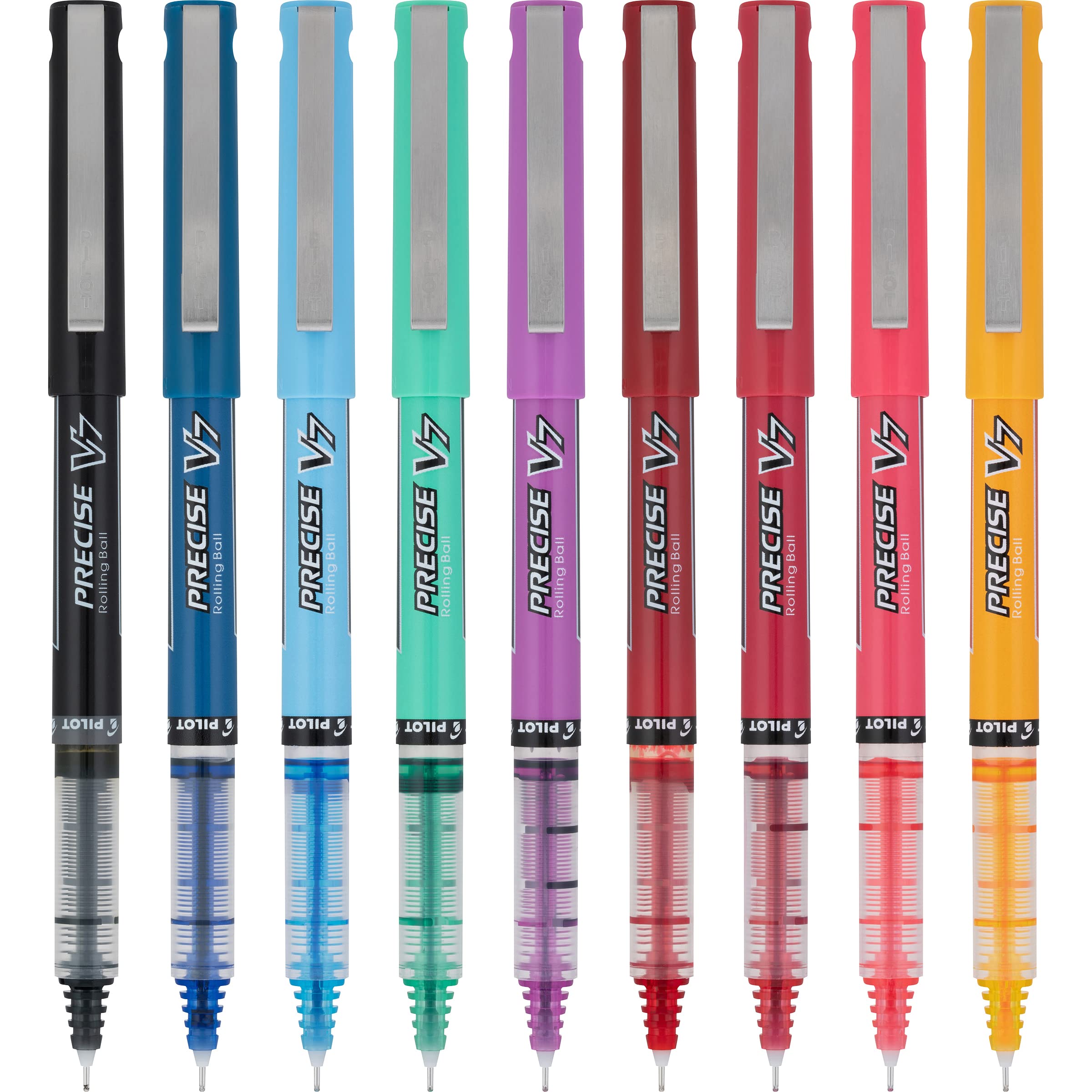 Pilot Precise V7 Capped Liquid Ink Rollerball Pens, Fine Point Ink Pens 0.7 mm, Colored Pens, Limited Edition Assorted Colors, Pack of 9 - Ideal for School, Journaling, & Office Writing