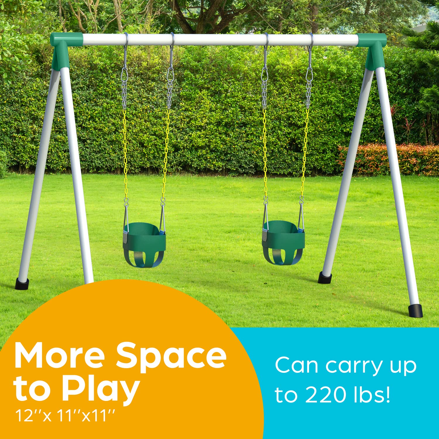 Jungle Gym Kingdom Baby Swing Outdoor - Heavy Duty Toddler Swing Set Accessories, High Back, Full Bucket Seat with Coated Chains for Outdoor Use - Fully Assembled - Green