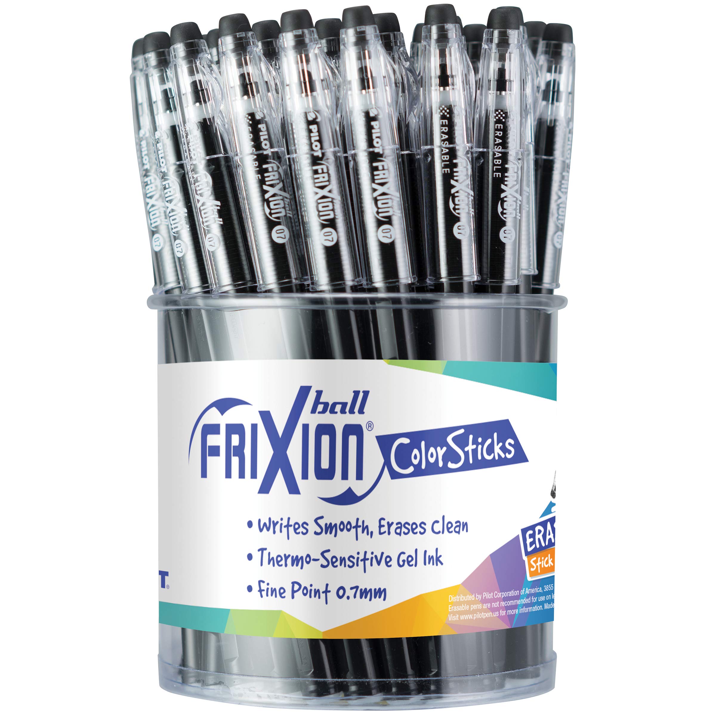 PILOT FriXion ColorSticks Erasable Gel Ink Stick Pens, Fine Point, Black Ink, Tub of 36 (5798)