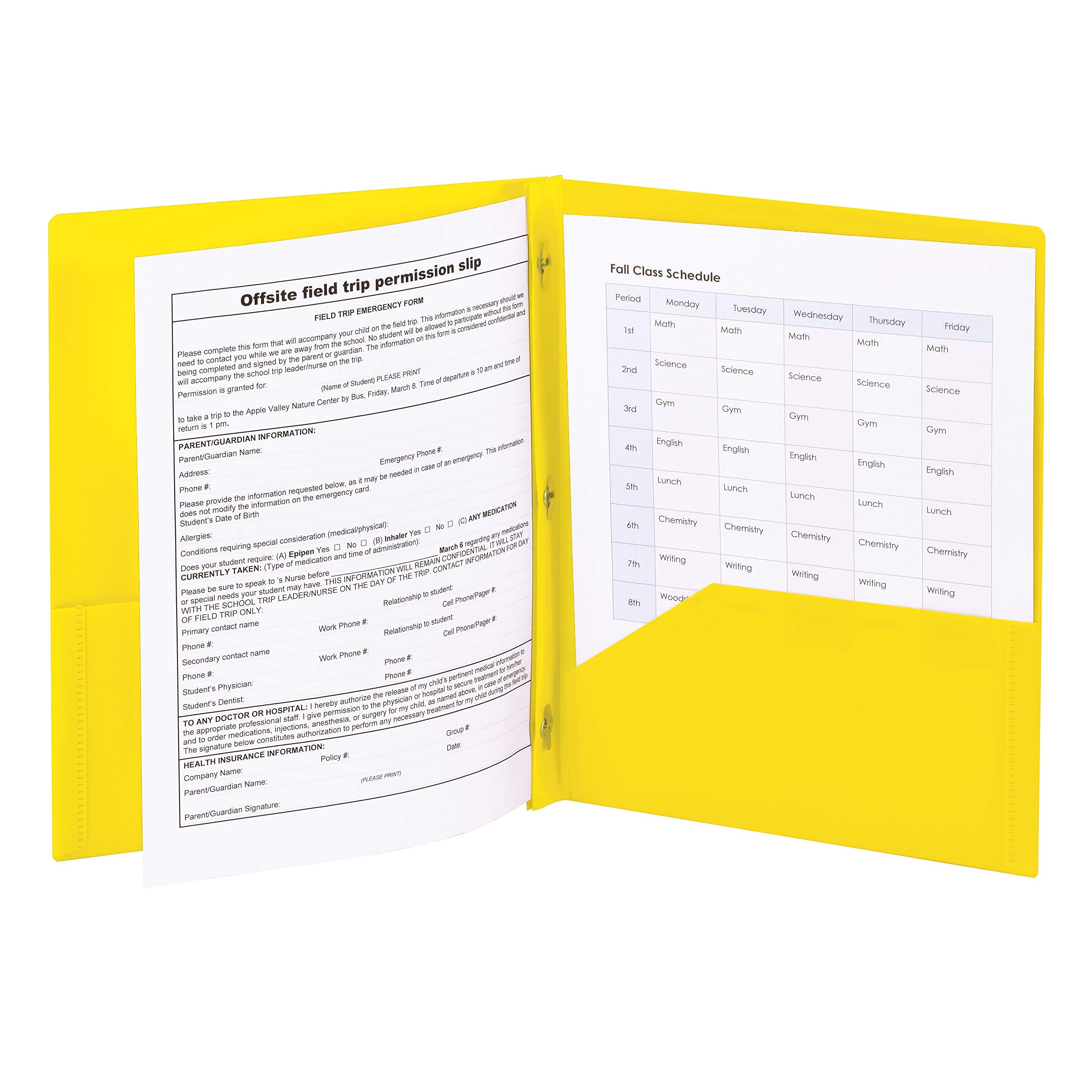 Smead Poly Two-Pocket Folder, Three-Hole Punch Prong Fasteners, Letter Size, Yellow, 3 per Pack (87733)