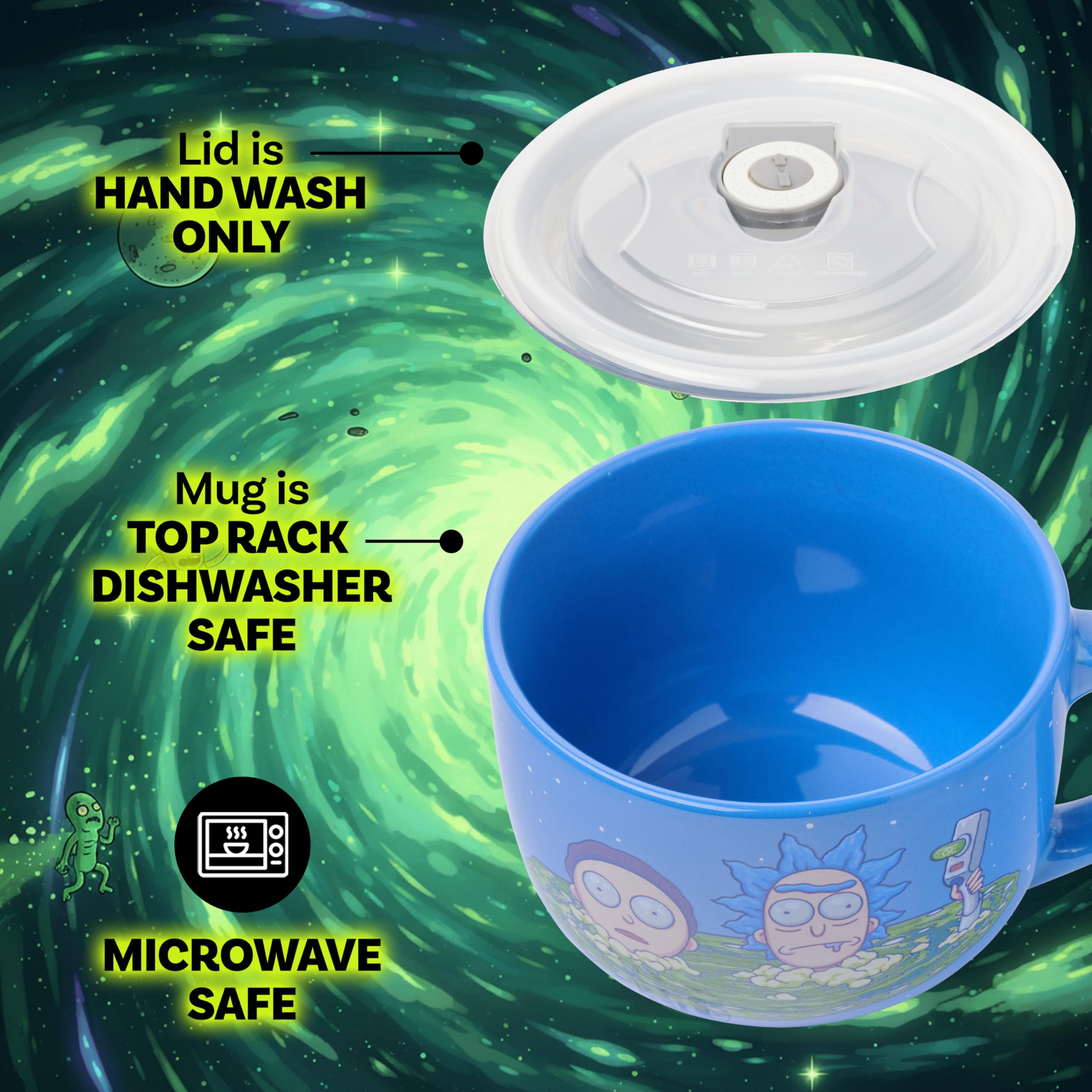 Silver Buffalo Rick and Morty Ceramic Soup Mug with a Vented Plastic Lid, 24 Ounces