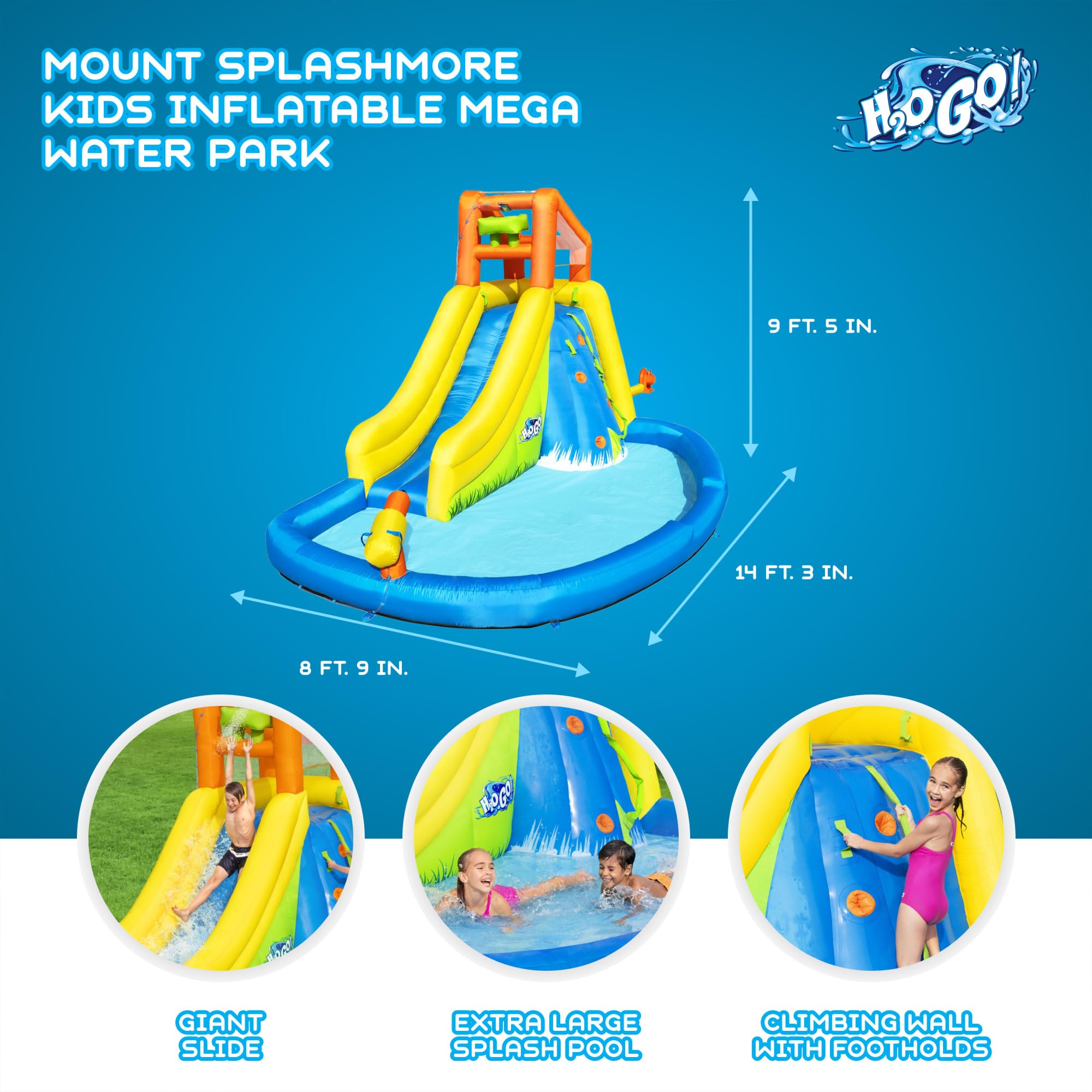 Bestway H2OGO Mount Splashmore Kids Inflatable Outdoor Backyard Water Slide Splash Park with Climbing Wall, Slide, Splash Zone, and Spray Blaster