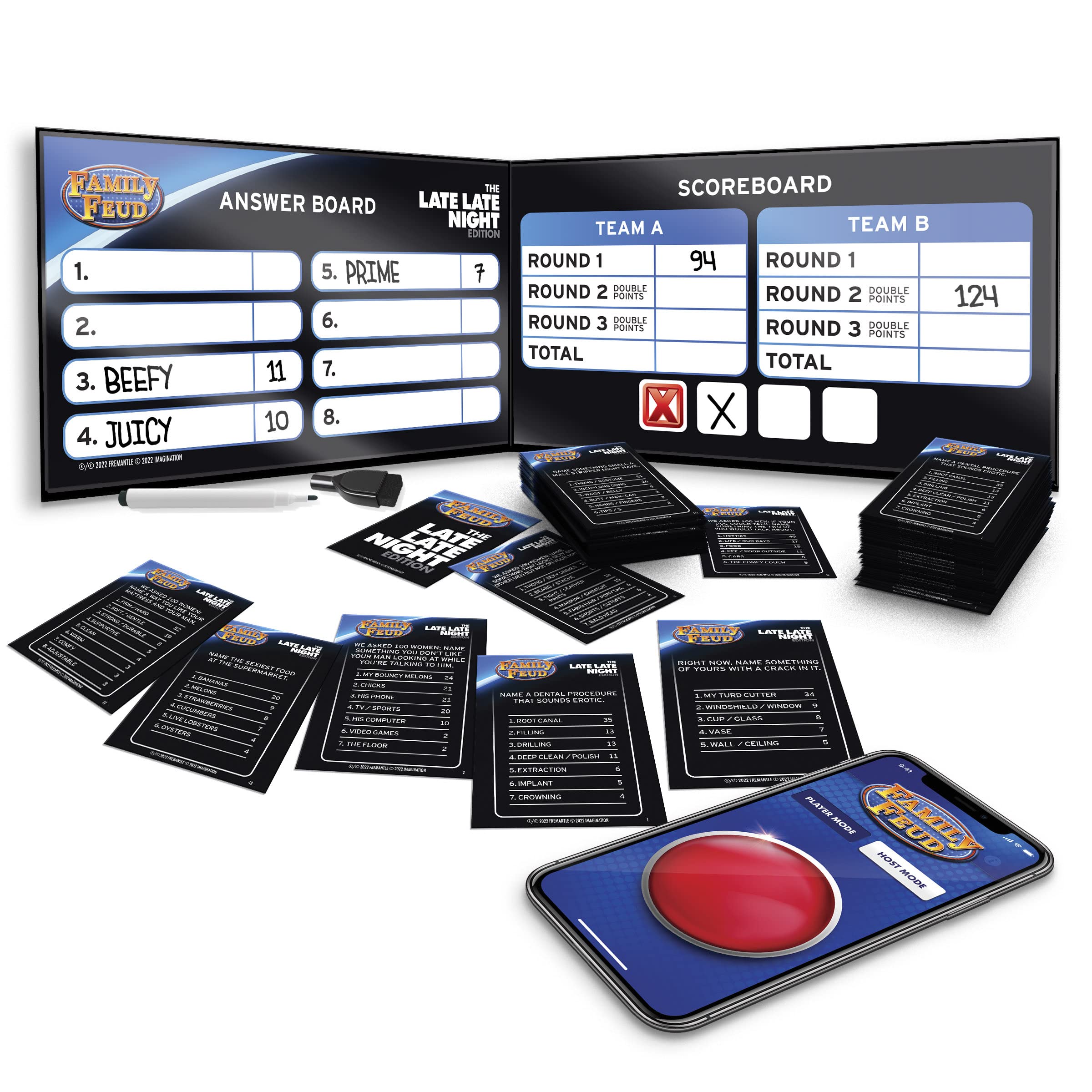 Family FEUD Late Late Night Edition Card Game, Anything but Family-Friendly, 400 Naughty Survey Questions, Complementary App with Sound Effects from The Show