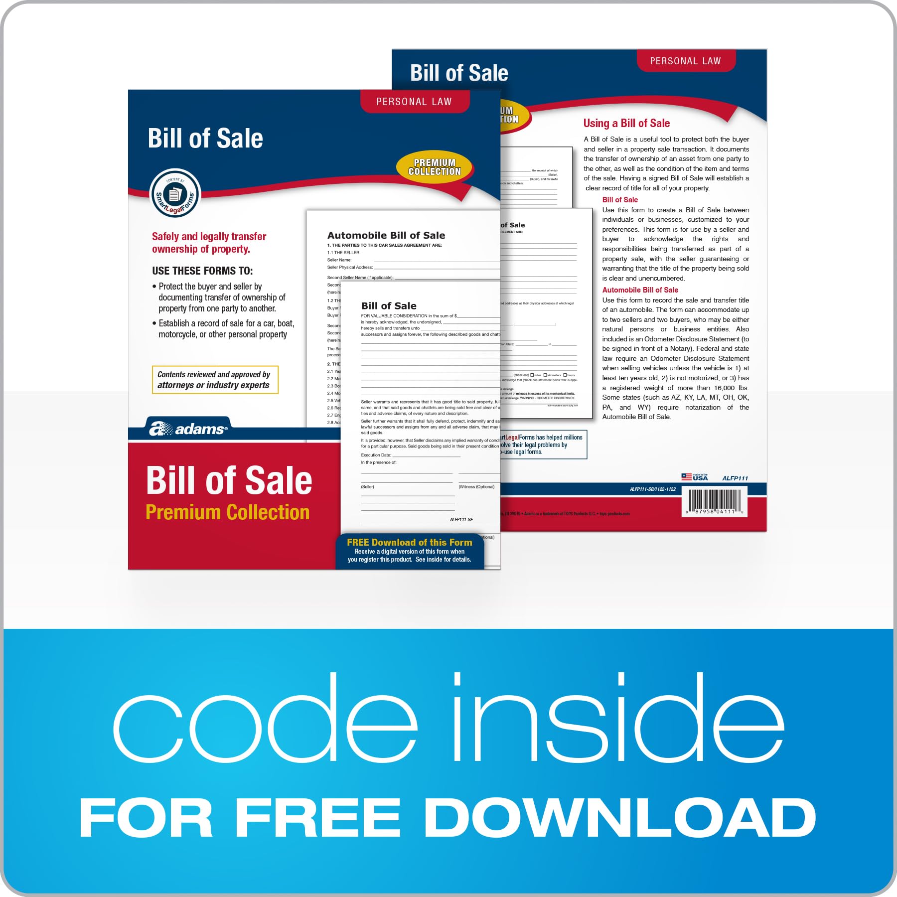 Adams Bill of Sale Forms Pack, Includes 2 Motor Vehicle and 2 General Bills of Sale, 8.5 x 11 Inches, White (ALFP111)