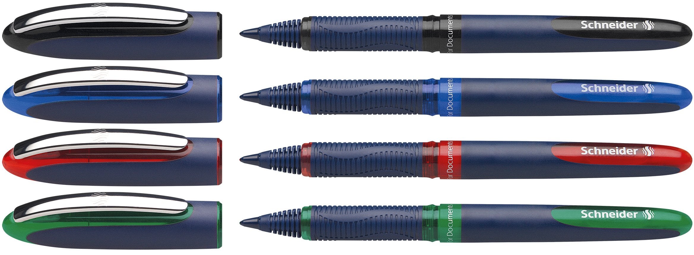 Schneider One Business Rollerball Pen, 0.6 mm Ultra-Smooth Tip, Blue Barrel, Four-Pack, One Each of: Black, Red, Blue, Green (183094)