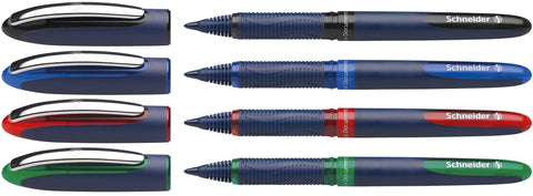 Schneider One Business Rollerball Pen, 0.6 mm Ultra-Smooth Tip, Blue Barrel, Four-Pack, One Each of: Black, Red, Blue, Green (183094)