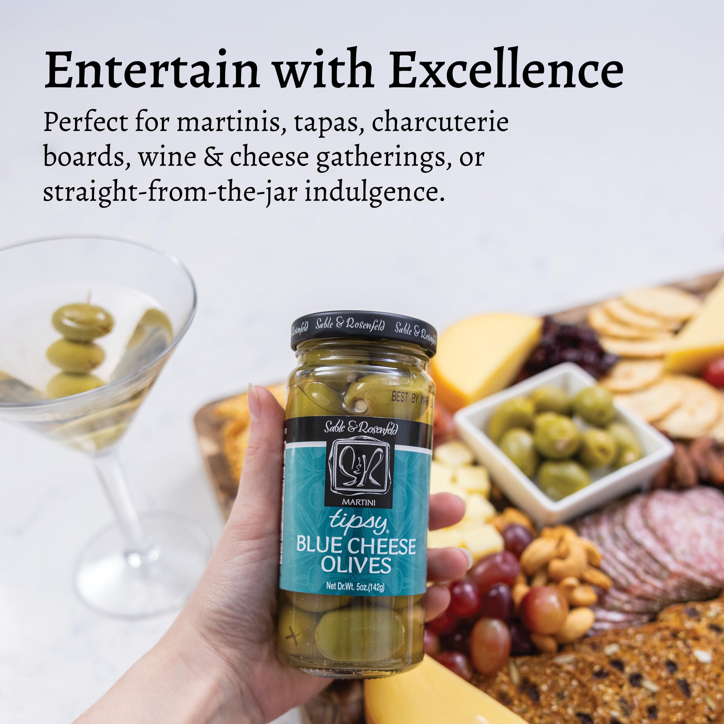 Sable & Rosenfeld Martini Tipsy Blue Cheese Olives 5 oz Jar (Pack of 1), Large Stuffed Green Olives, Cocktail Garnish, Perfect for Salads