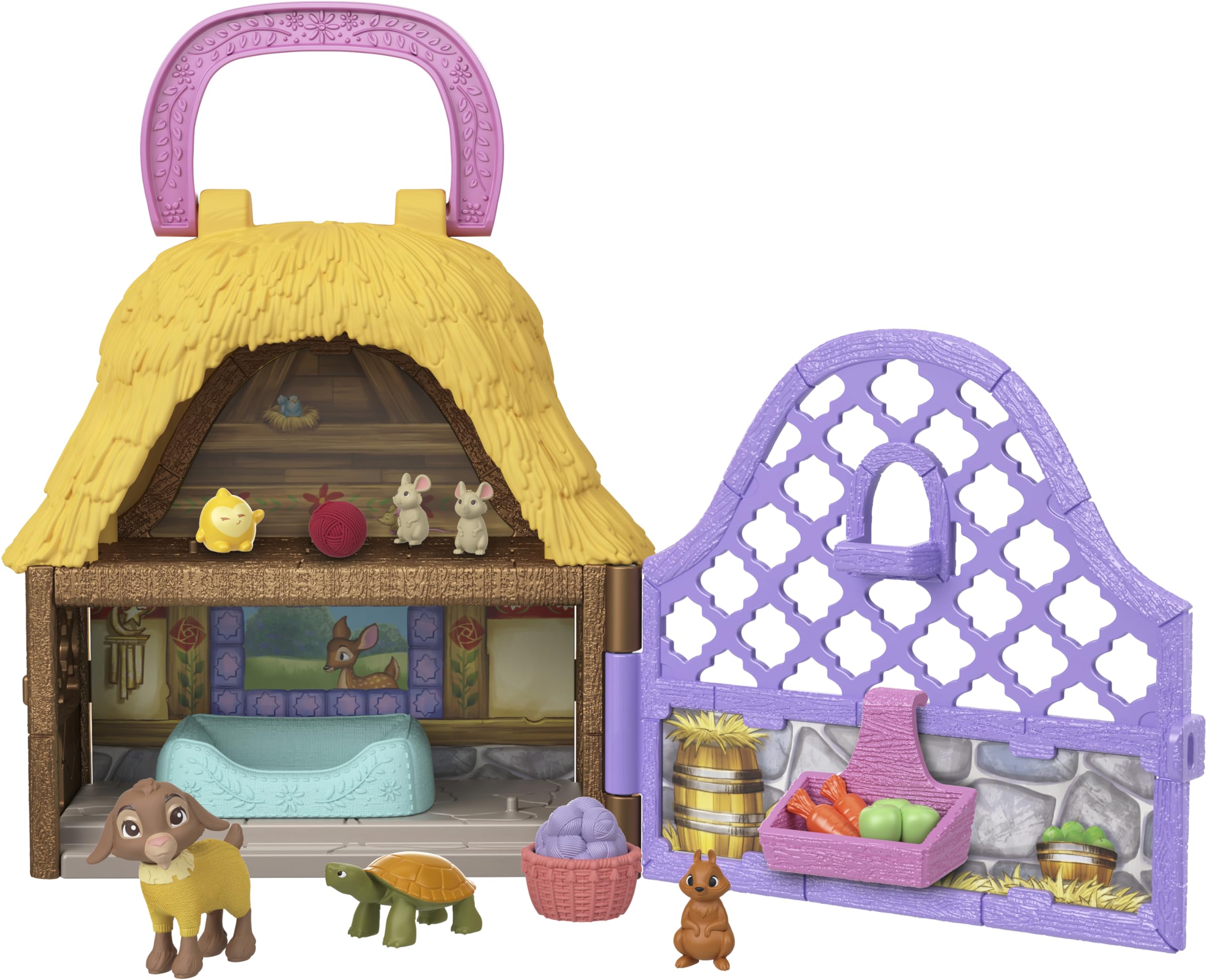 Mattel Disney Wish Micro Figure & Doll House Playset, Star & Valentino of Rosas Portable Set with Valentino the Goat & Star Figures & 10 Accessories, Travel Toy
