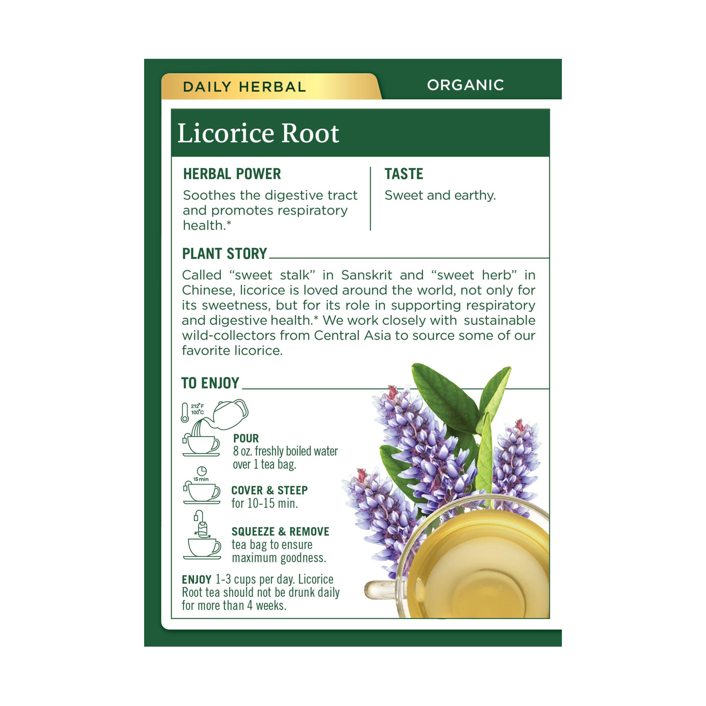 Traditional Medicinals Tea, Organic Licorice Root, Soothes the Digestive Tract & Promotes Respiratory Health - Kosher, Non-GMO, Caffeine-Free - 16 Tea Bags