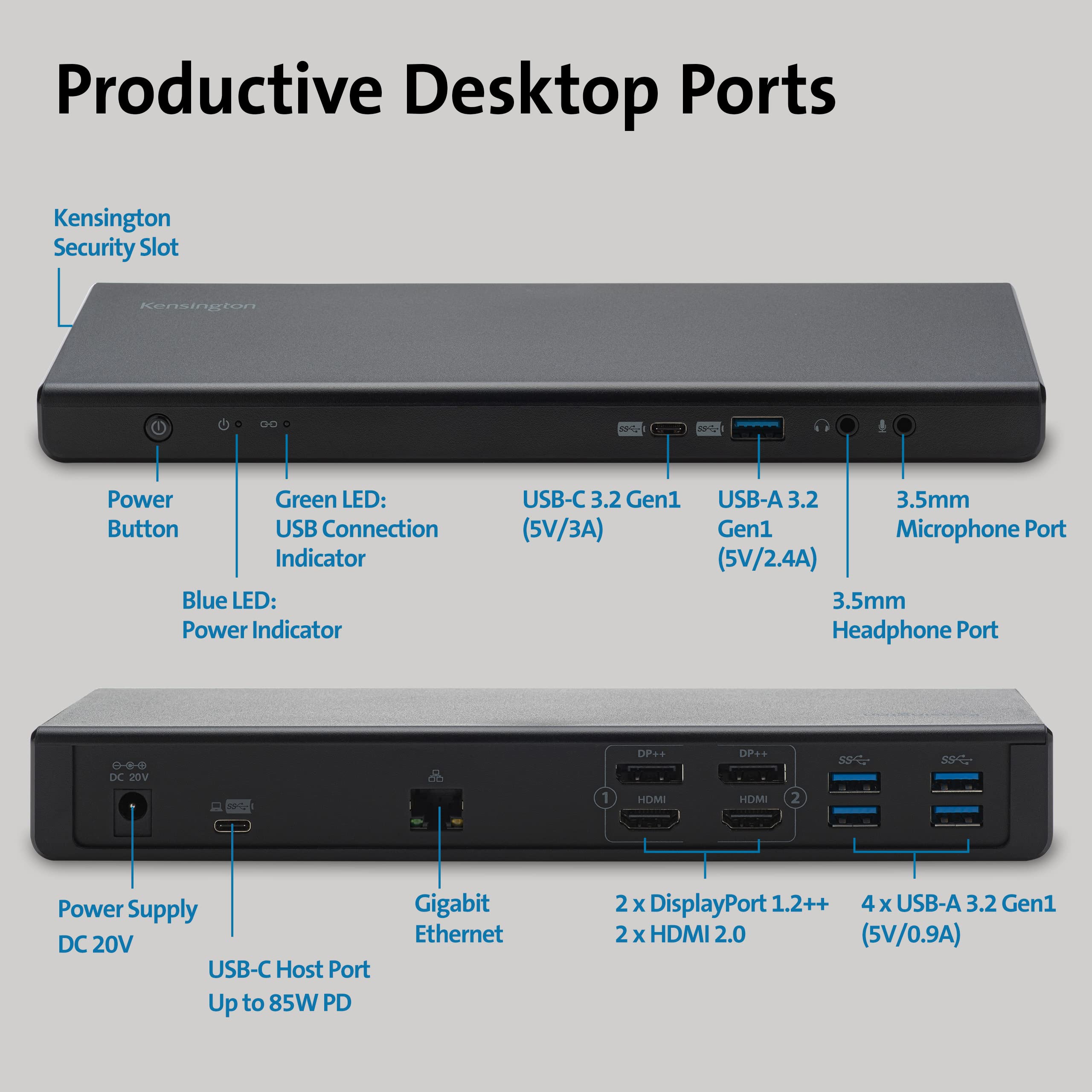 Kensington SD4750P USB-C Displaylink Docking Station for Windows, MacBook, Surface and Chromebooks – Dual 4K Video, 85W PD (K39105NA)