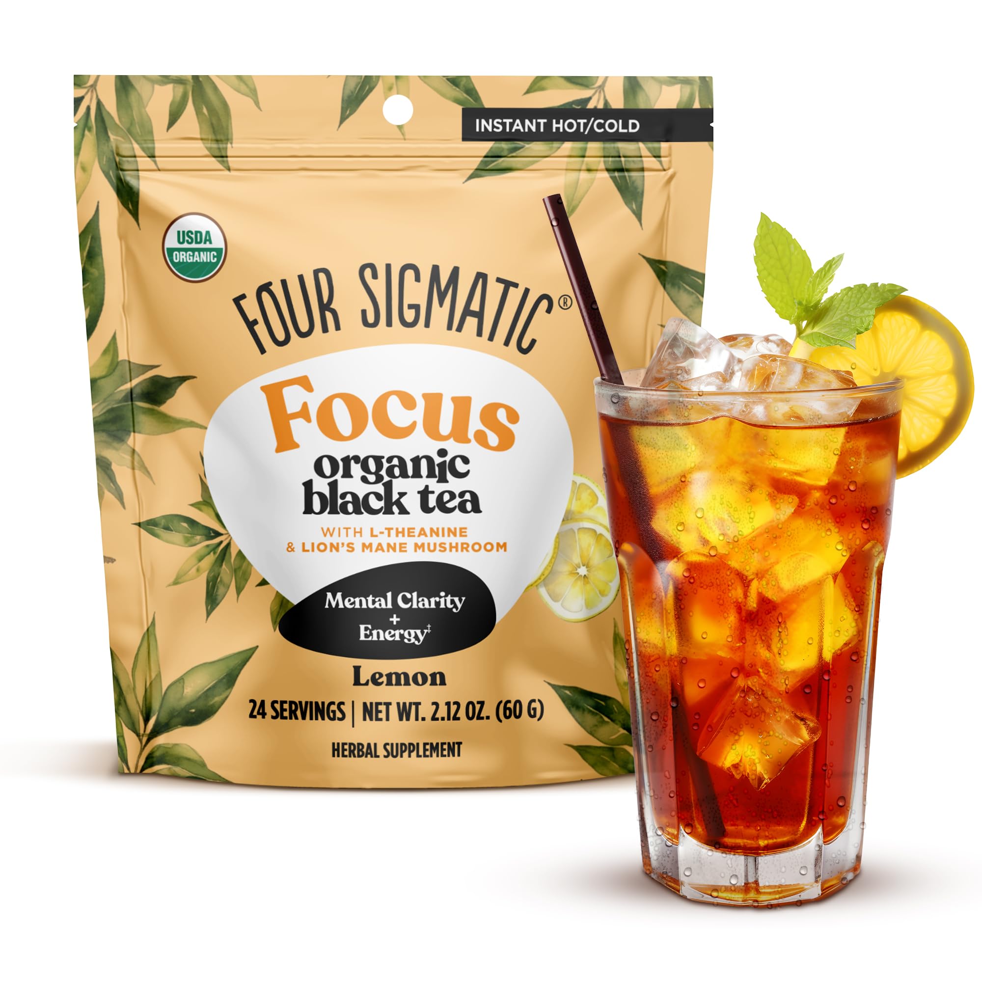 Four Sigmatic Think Organic Black Tea | Instant Lemon Tea w/Lion's Mane & L-Theanine for Mental Clarity & Focus | Organic Herbal Teas w/Adaptogens | Vegan, Gluten-Free | Lemon, 24 Servings