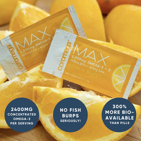 Coromega MAX 2400mg Omega-3 Fish Oil + Vitamin D Squeeze Packets, Wild-Caught, No Fishy Taste - 3X Better Absorption Than Softgels, Supports Brain & Heart Health (30 Servings,Citrus Burst)