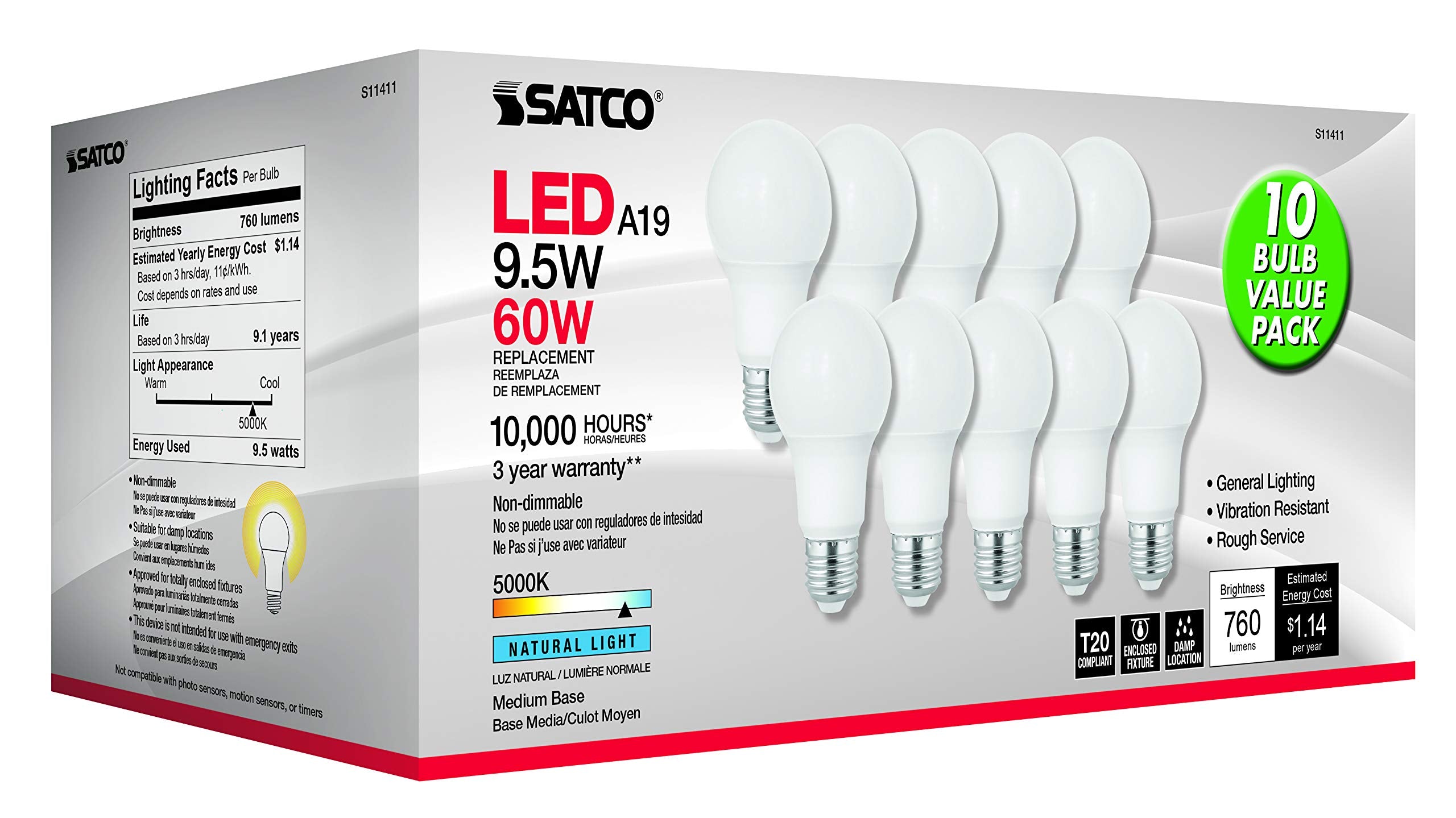 Satco S11411 9.5-Watt A19 LED Light Bulbs, 60-Watt Replacement, 5000K Natural Light, 760 Lumens, 10 Pack