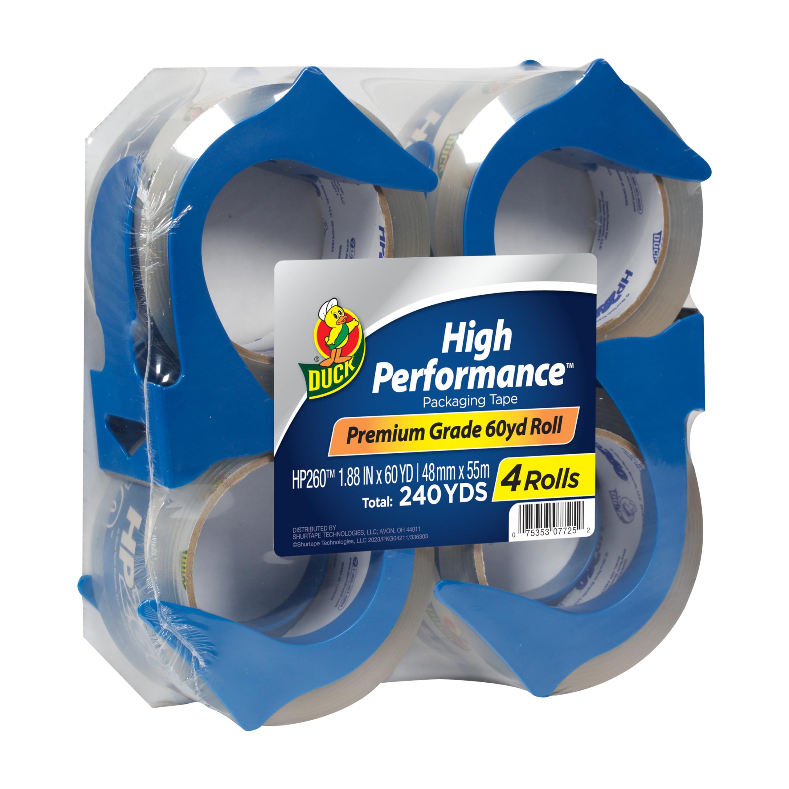 Duck High Performance Clear Packing Tape Dispensers - 4 Rolls of HP260 Strong Packaging Tape for Shipping, Moving, Mailing & Storage Boxes - 3" Core, 1.88 Inch x 60 Yards, Clear (847667)