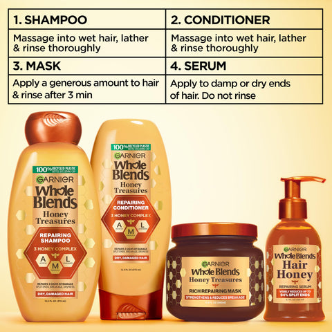 Garnier Whole Blends Honey Treasures Repairing Shampoo, for Dry, Damaged Hair, 3 Fl Oz (Travel Size), 1 Count (Packaging May Vary)