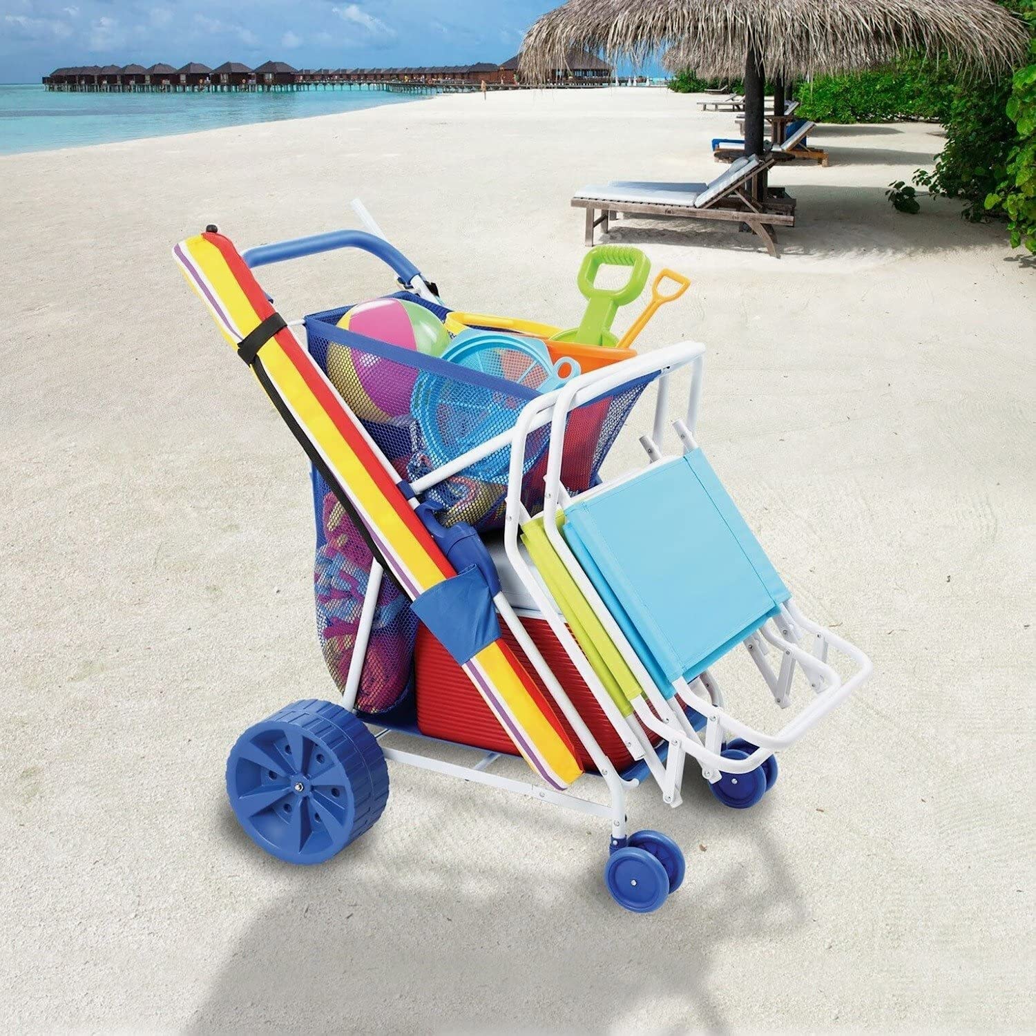 Folding Multi-Purpose Deluxe Beach Cart With Wide Terrain Wheels - Holds Your Beach Gear and more!