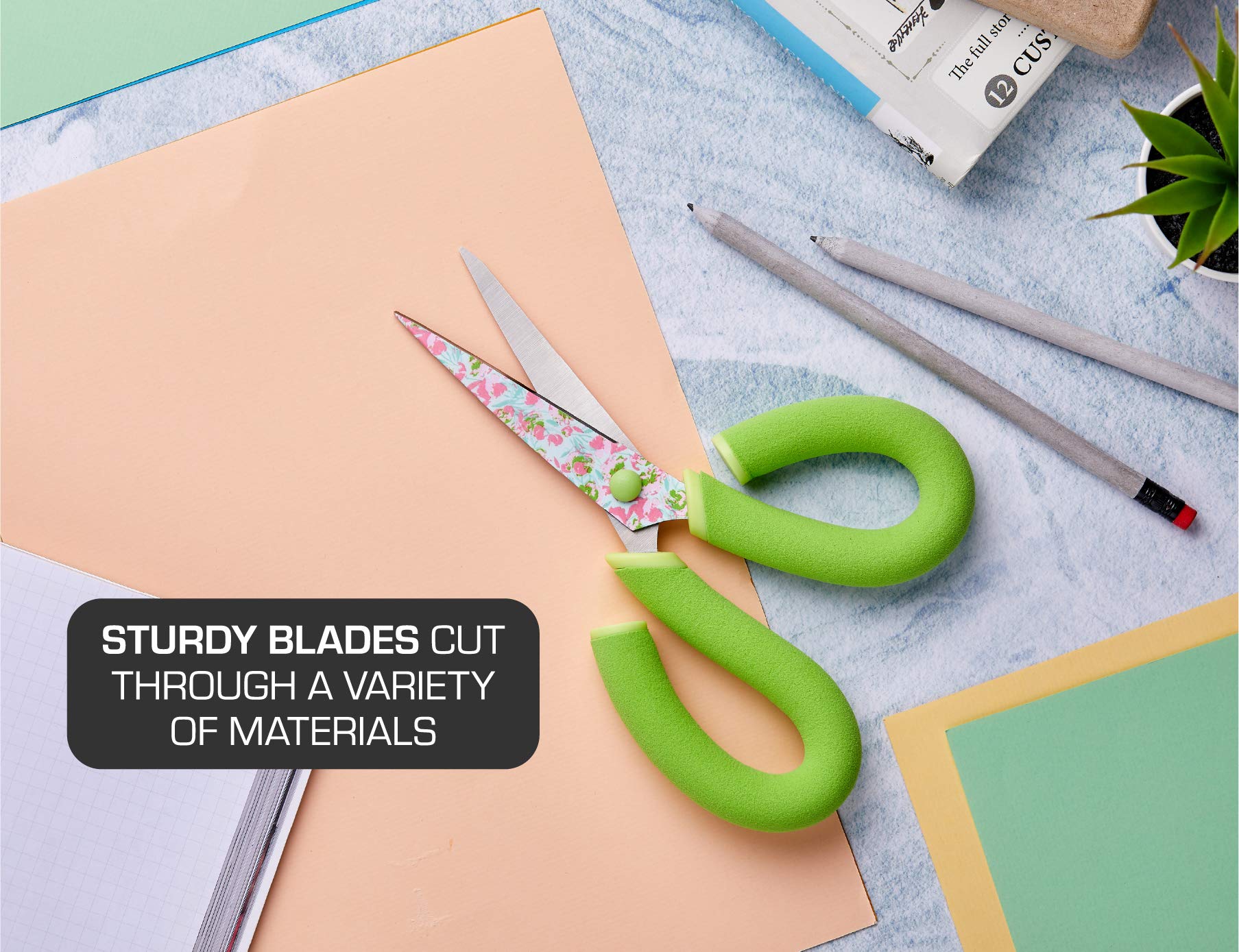 It's Academic Pillow Grips 8-Inch Scissors with Comfort Handles, Floral Blade, Green