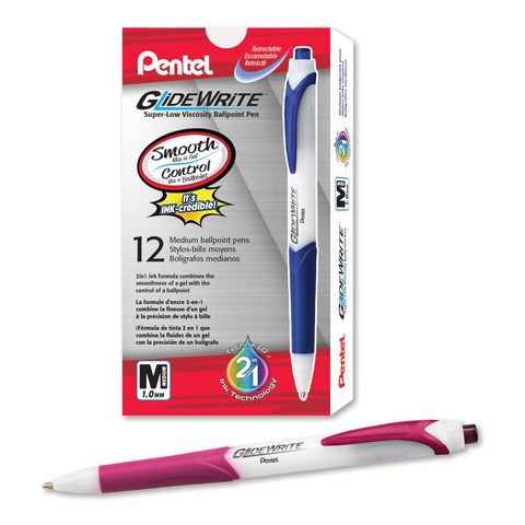 Pentel GlideWrite Ballpoint Pen with TechniFlo Ink, (1.0mm) Medium Line, Burgundy Ink, Box of 12 (BX910-BG)