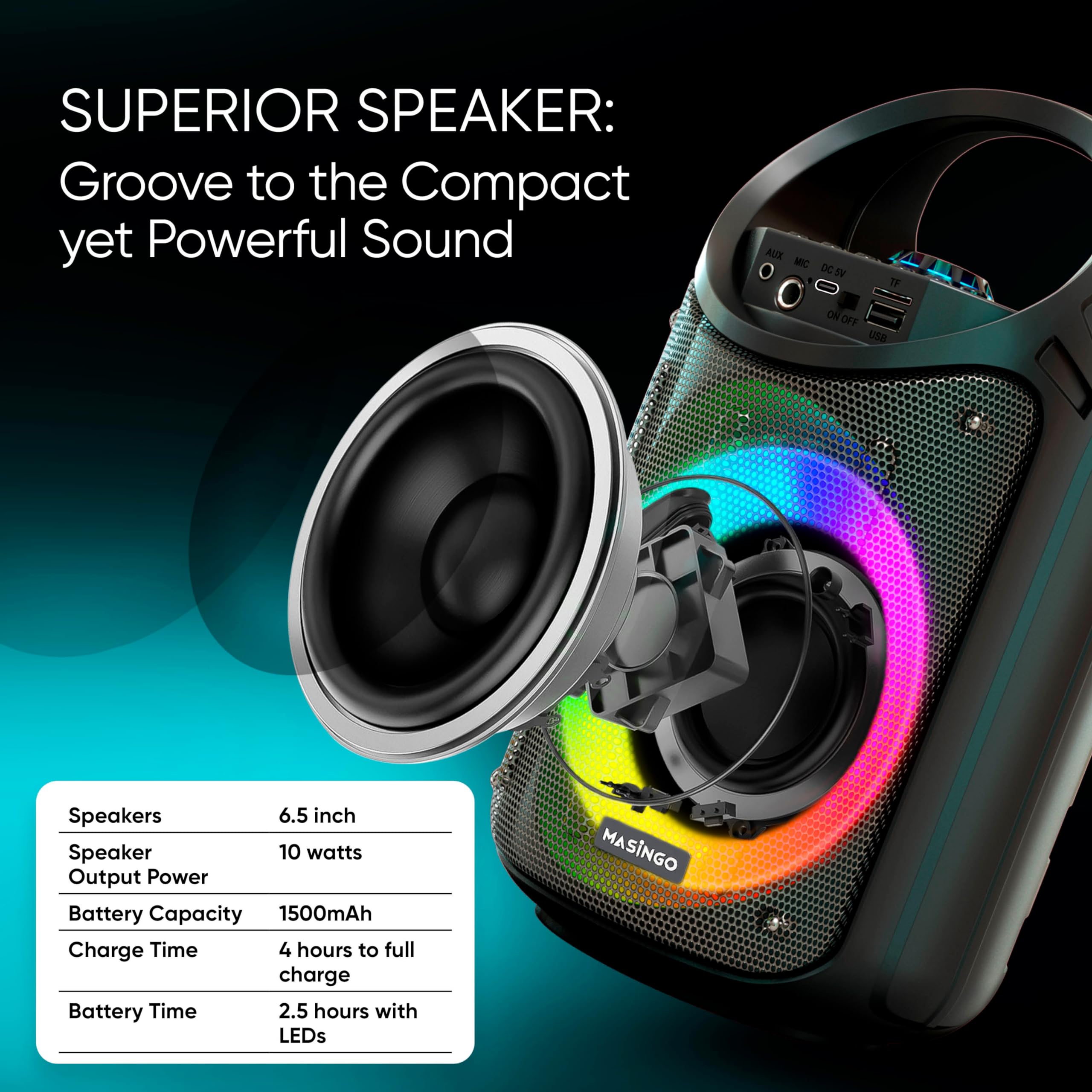 MASINGO Karaoke Machine for Kids and Adults with 2 Wireless Bluetooth Microphones, PA Portable Speaker with Colorful LED Lights, Supports TF Card/USB, AUX/MIC in, TWS for Home Party, Burletta C10 V2