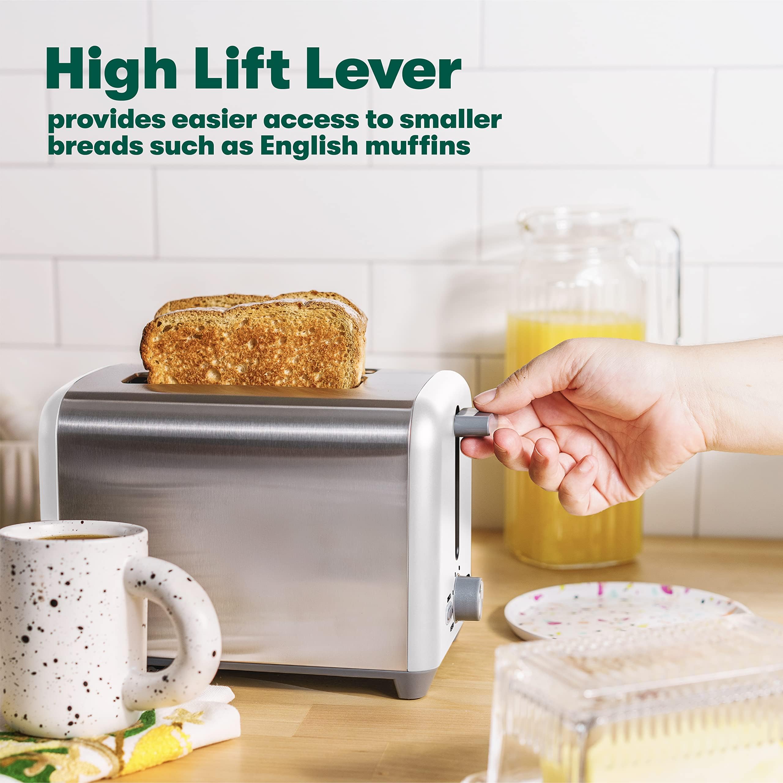 BELLA 2 Slice Toaster, Quick & Even Results Every Time, Wide Slots Fit Any Size Bread Like Bagels or Texas Toast, Drop-Down Crumb Tray for Easy Clean Up, Stainless Steel and White
