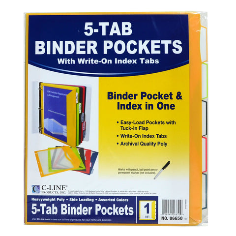 C-Line 5-Tab Binder Pockets with Write-On Index Tabs, Assorted Colors, 8.5 x 11 Inches, 5 Pockets per Set (06650)