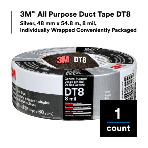 3M DT8 Industrial Strength Multi-Use Duct Tape, Silver, 1.88in x 60 yd x 8 mil Thickness – Professional Grade Adhesive, 1 Pack
