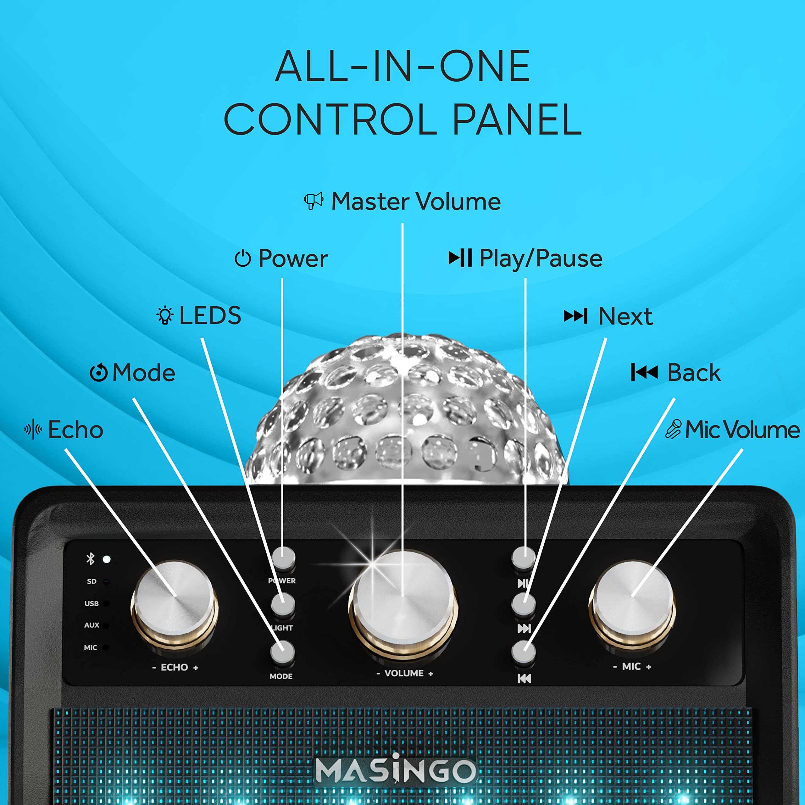 MASINGO Karaoke Machine for Adults and Kids with 2 Wireless Microphones, Portable Singing PA Speaker System Set with Disco Ball Party Lights & TV Cable, Ostinato M7