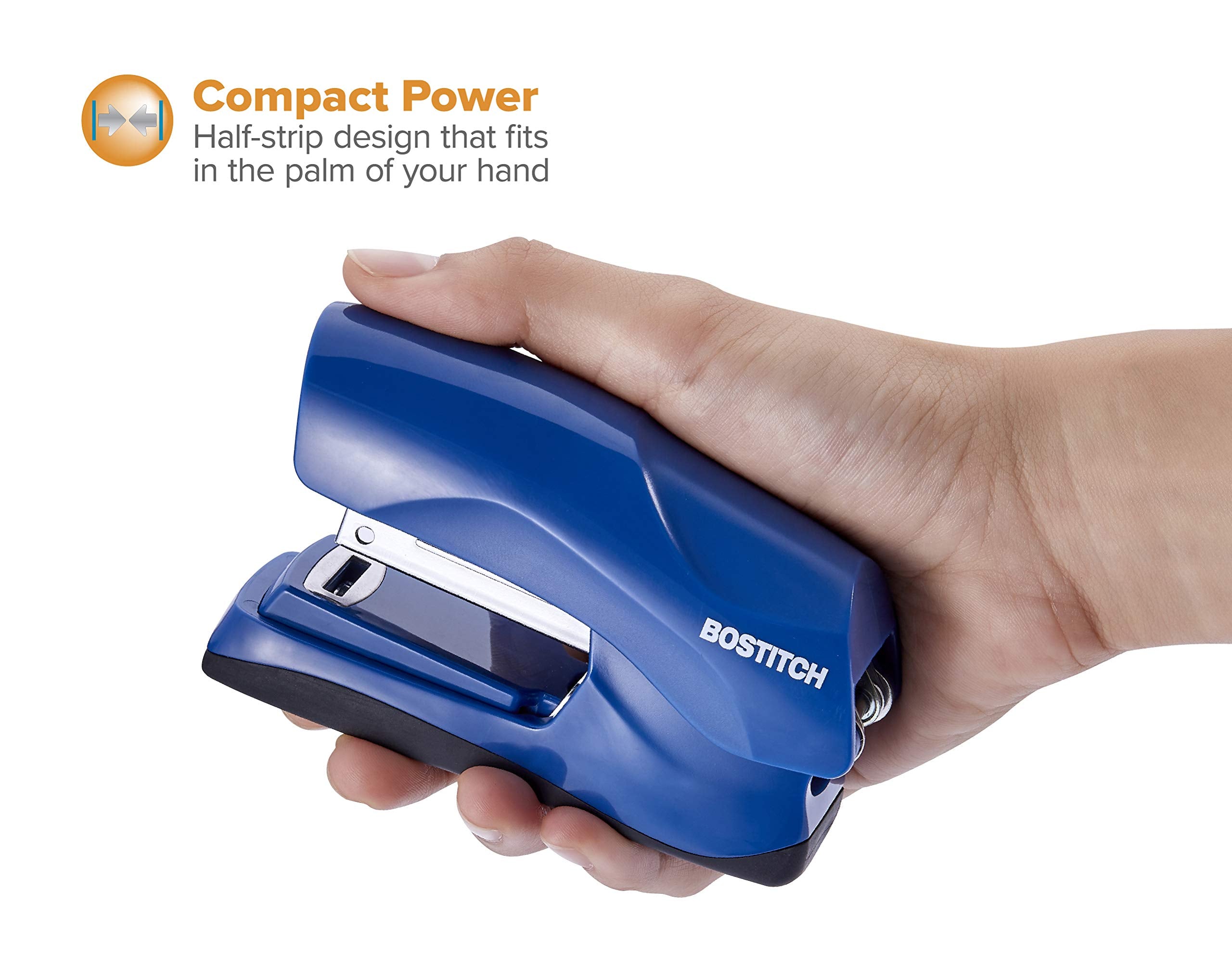 Bostitch Office Heavy Duty Stapler, 40 Sheet Capacity, No Jam, Half Strip, Fits into the Palm of Your Hand, For Classroom, Office or Desk, Navy Blue