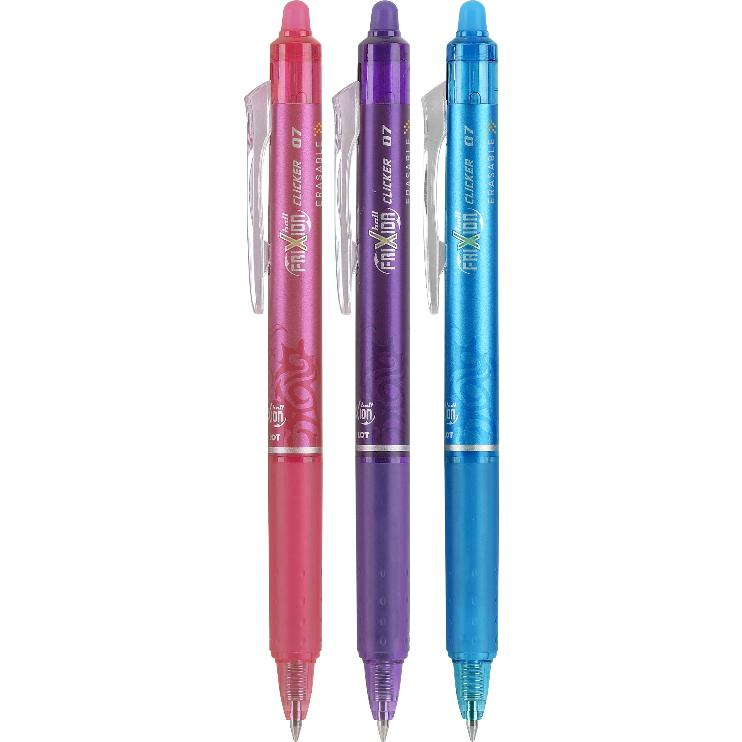 PILOT FriXion Clicker Erasable, Refillable & Retractable Gel Ink Pens, Fine Point, Pink/Purple/Turquoise Inks, 3-Pack (31469)