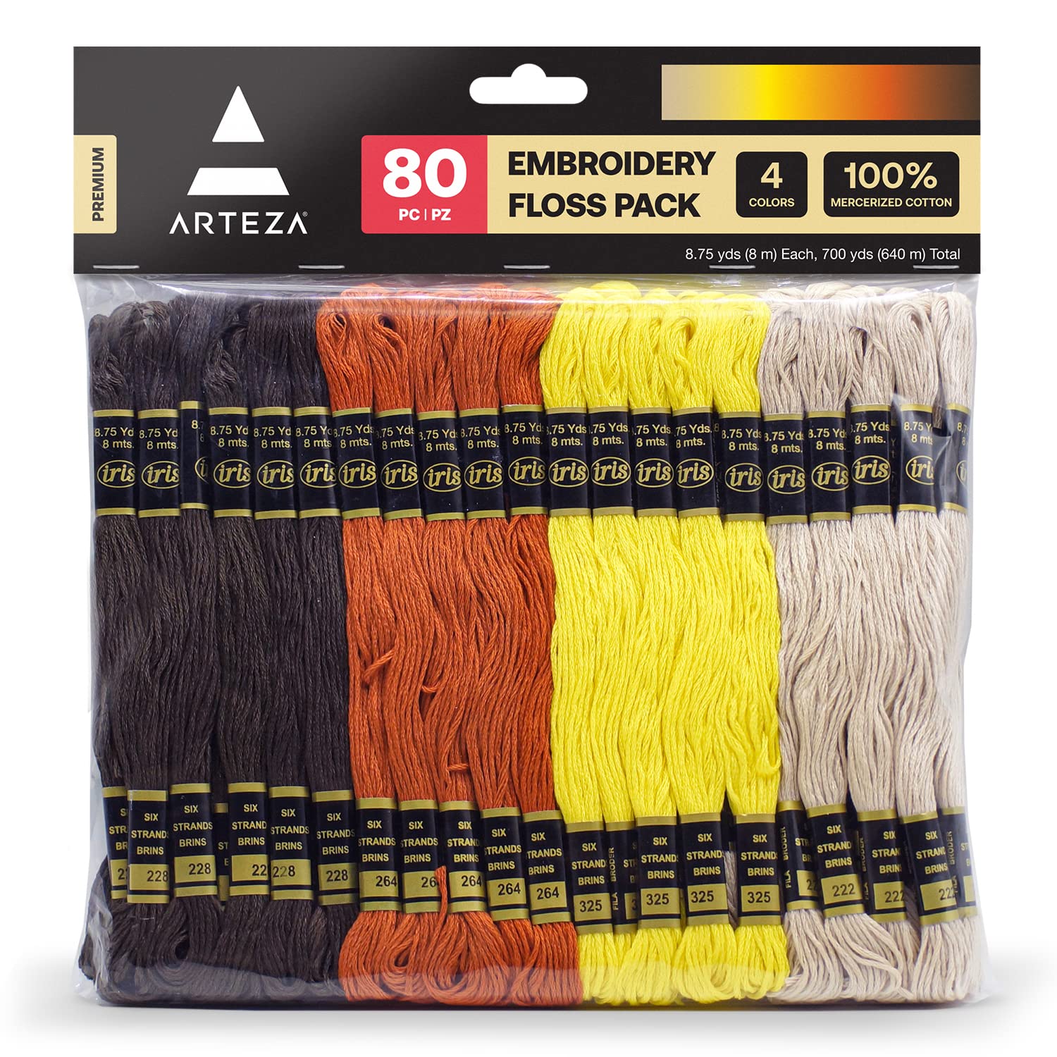 ARTEZA Embroidery Thread, 80 Skeins, Dark Brown, Natural, Yellow, & Burnt Orange
