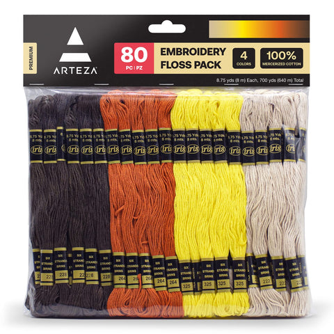 ARTEZA Embroidery Thread, 80 Skeins, Dark Brown, Natural, Yellow, & Burnt Orange