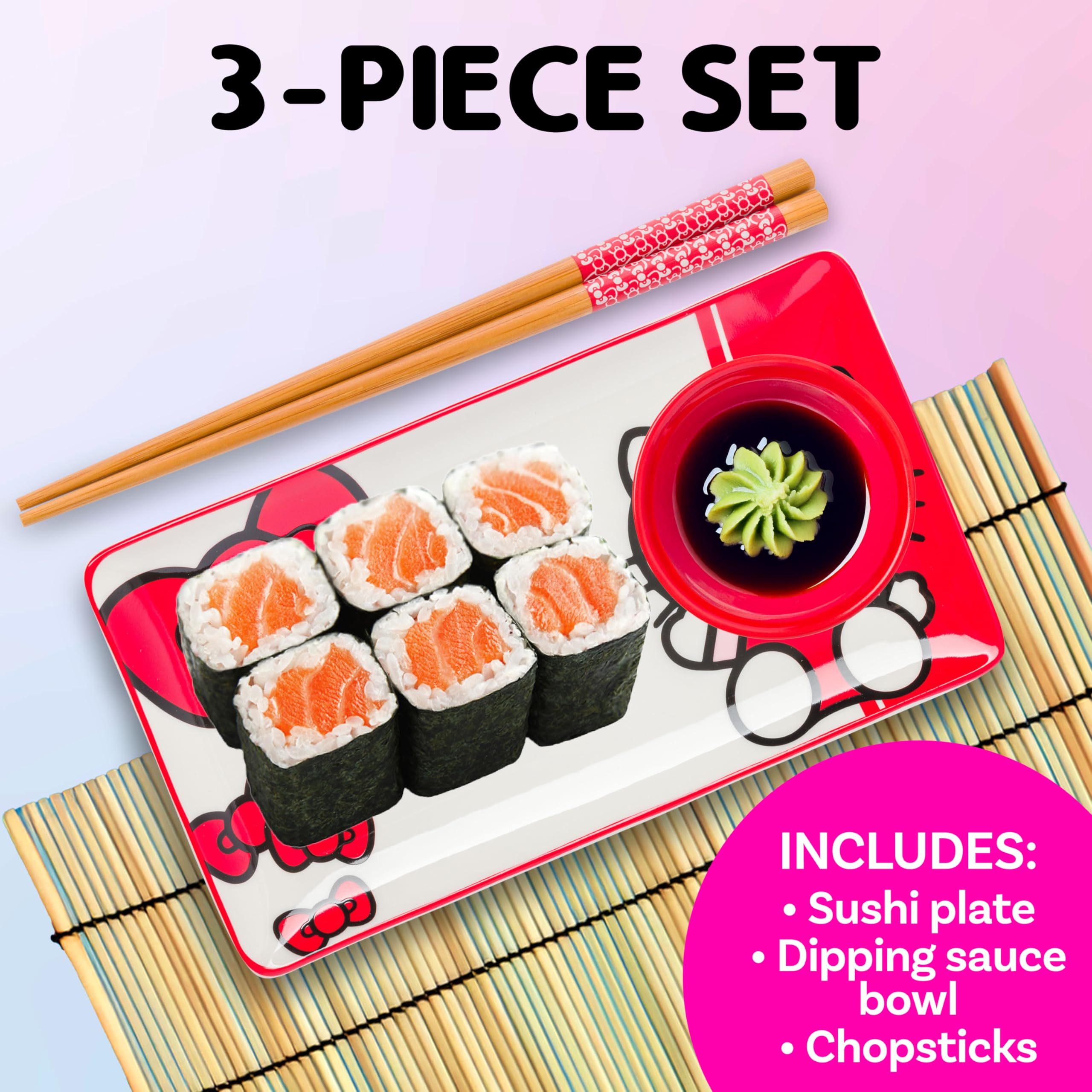 Silver Buffalo Sanrio Hello Kitty Red and White Bow Ceramic Sushi Set with Dipping Sauce Dish and Matching Chopsticks