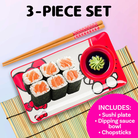 Silver Buffalo Sanrio Hello Kitty Red and White Bow Ceramic Sushi Set with Dipping Sauce Dish and Matching Chopsticks