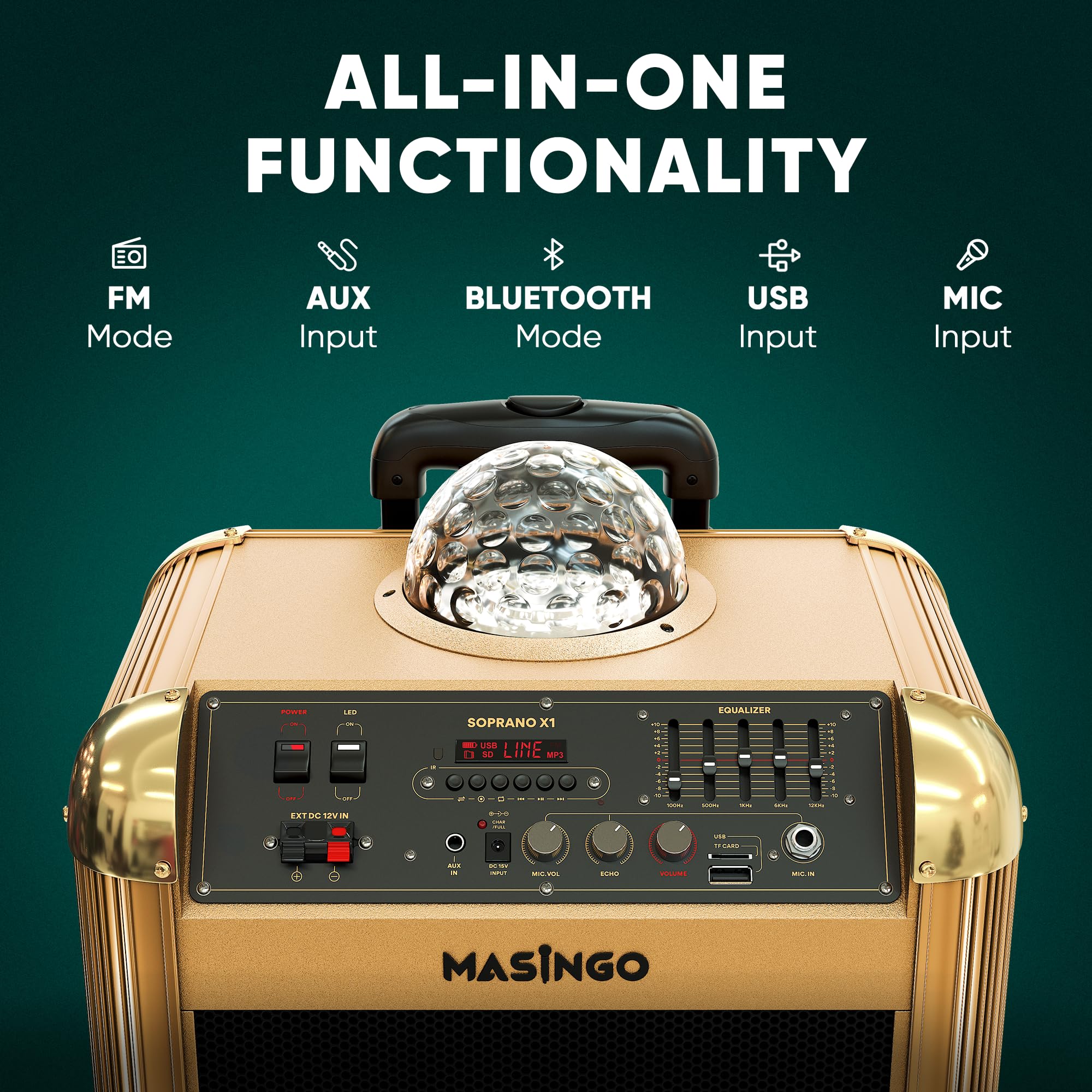 MASINGO Karaoke Machine for Adults and Kids with 2 Bluetooth Wireless Microphones. Portable Singing PA Speaker System with Disco Ball Lights, Lyrics Display Tablet Holder & TV Cable. Soprano X1 2.0