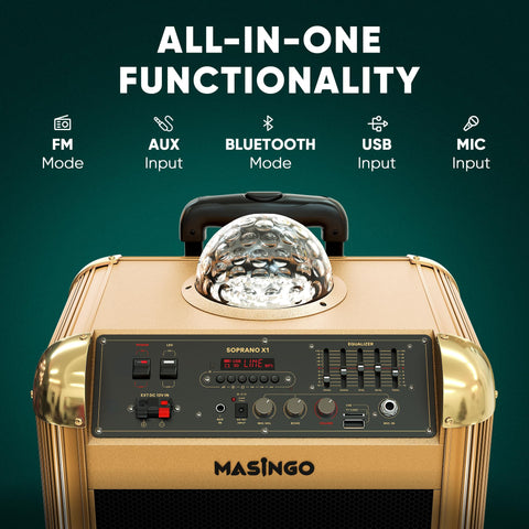 MASINGO Karaoke Machine for Adults and Kids with 2 Bluetooth Wireless Microphones. Portable Singing PA Speaker System with Disco Ball Lights, Lyrics Display Tablet Holder & TV Cable. Soprano X1 2.0